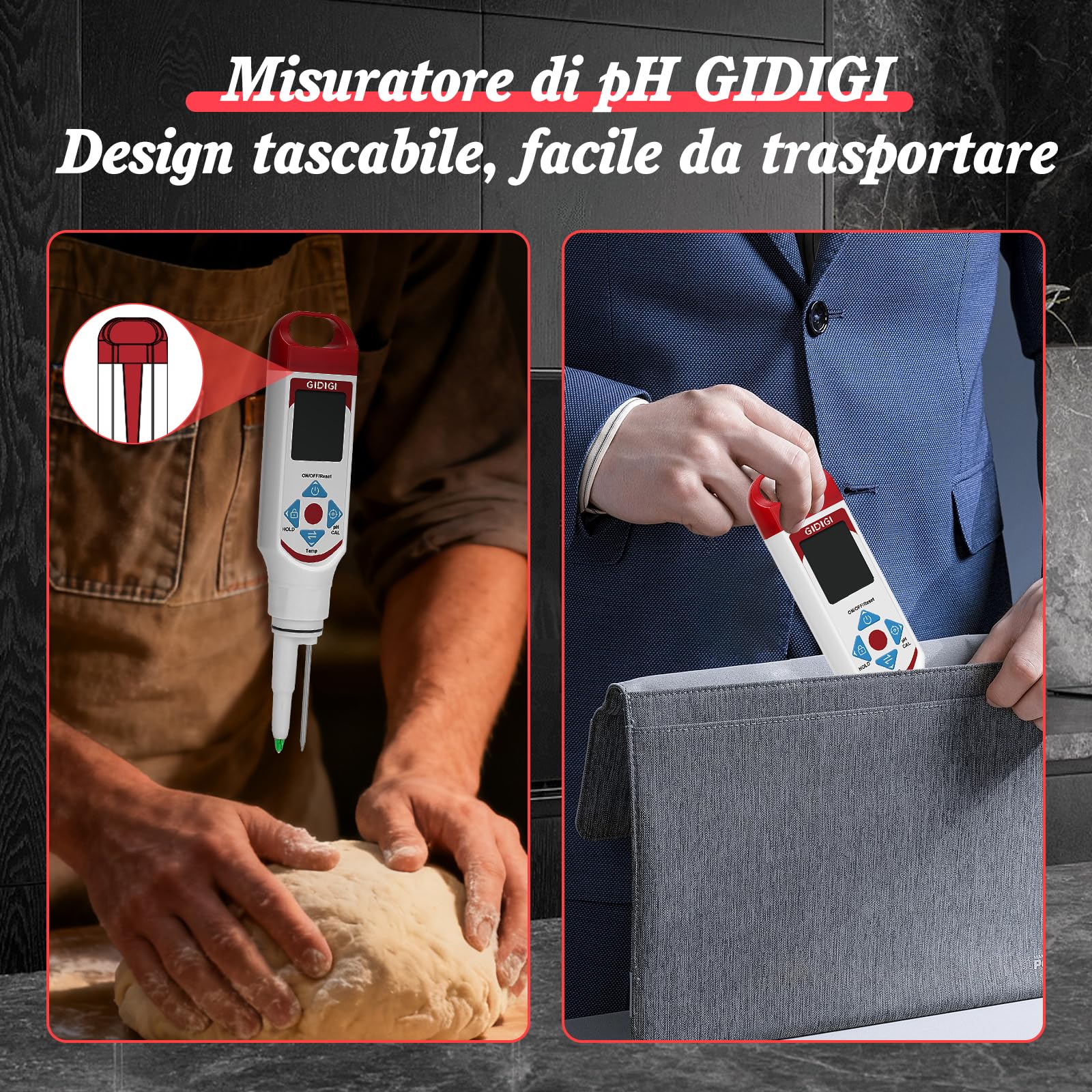 Misuratore di pH per la fermentazione alimentare, display a colori punta a lancia tester di pH per alimenti con ATC per cosmetici, lievito madre, Carne, formaggio, prodotti in scatola，Sottaceto