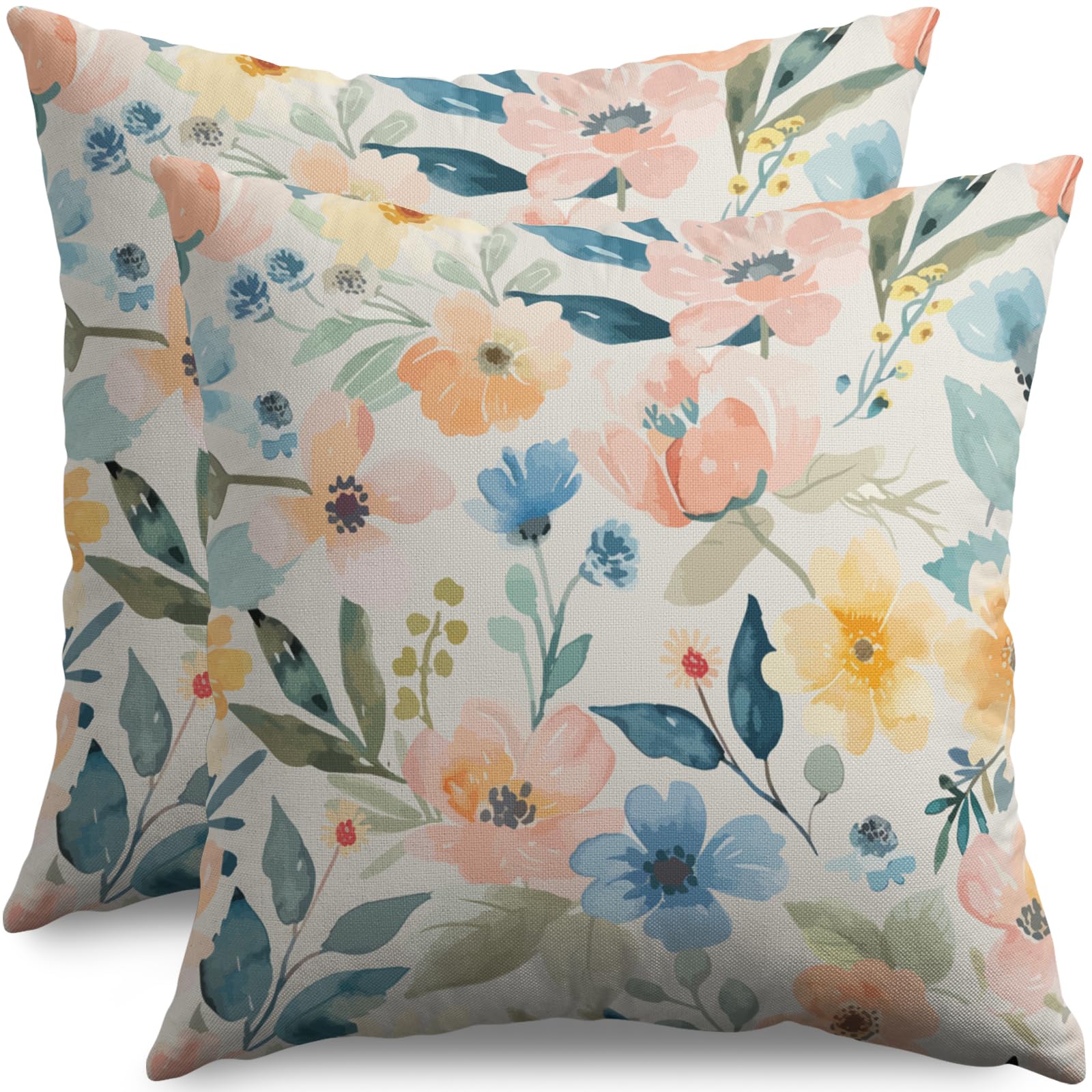 Spring Blue Pink Floral Throw Pillow Covers 18x18 Inch Set of 2, Watercolor Flower Print Decorative Throw Pillowcases Outdoor Farmhouse Cushion Covers