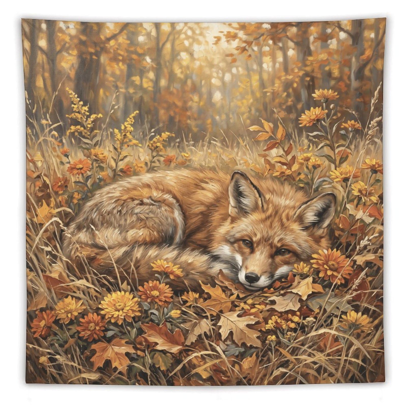 W7C8U2X3 Autumn Fox Forest Wall Tapestry, Realistic Illustration, Entryway