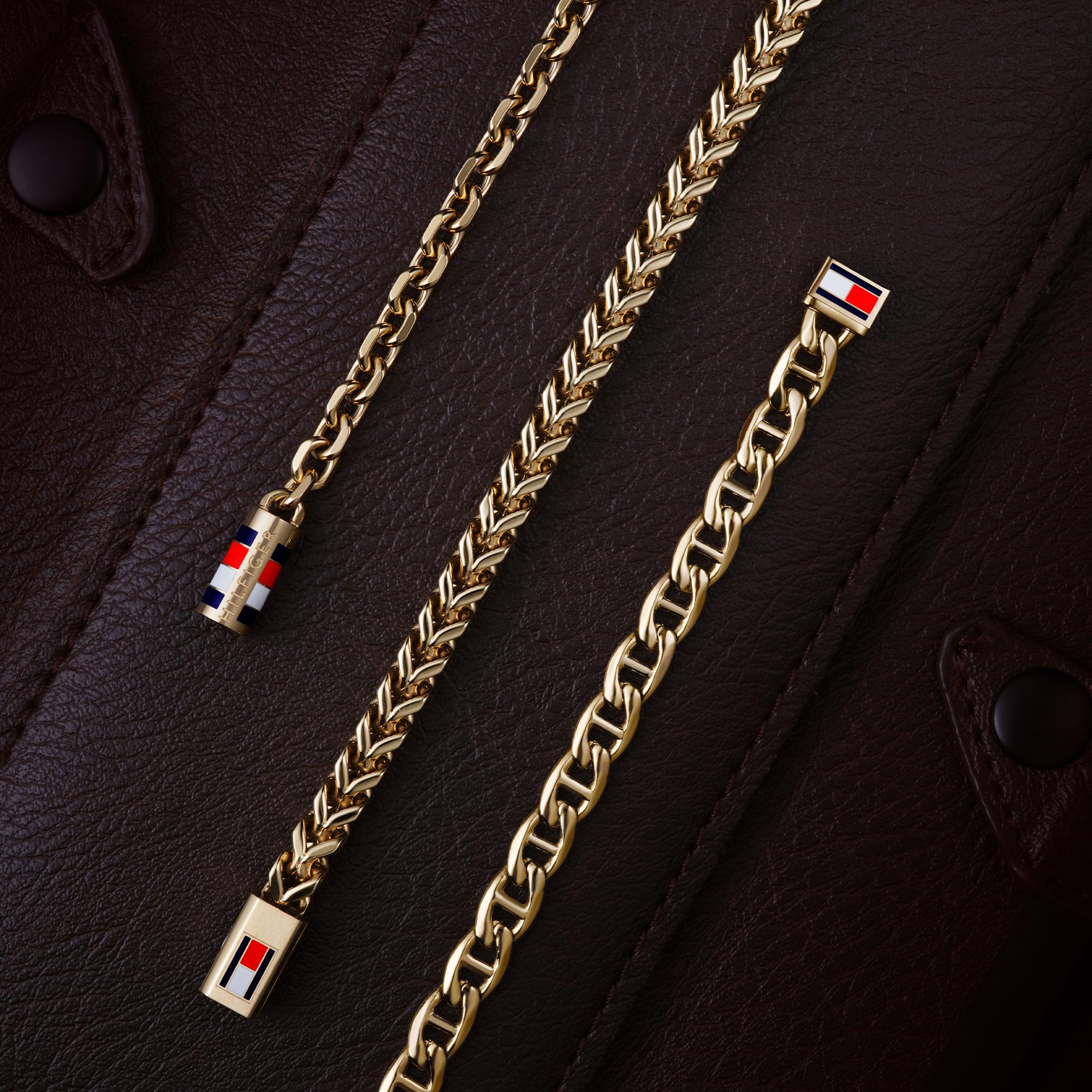 Tommy Hilfiger Biżuteria męska bransoletka łańcuszkowa z żółtego złota z ikoniczną flagą - 2790648