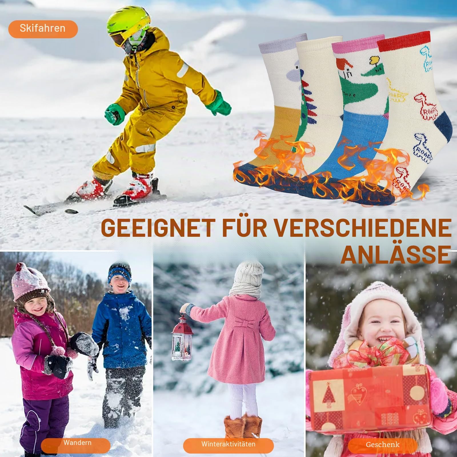 Warme Wintersocken für Kinder, Merinowolle, Wandern, verdickte Thermosocken für Jungen, Mädchen, Kleinkinder, Kinder, 4 Paar, 4 Pariser Dinosaurier, 3-5 Jahre