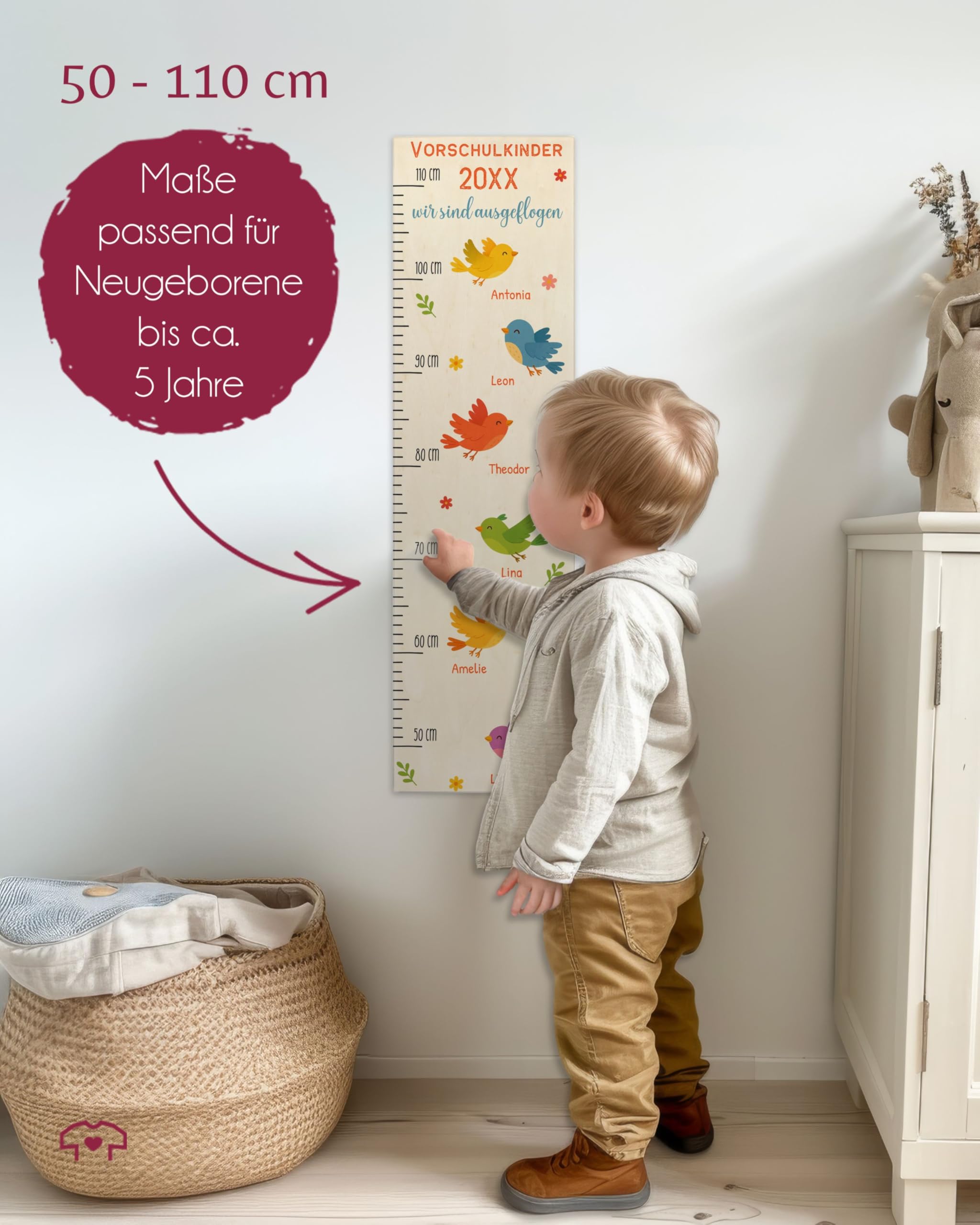 Messlatte Kind Holz - Abgänger - Abschiedsgeschenk Kindergarten Vogelhaus Wir sind ausgeflogen Bienen mit bis zu 24 Namen I Kita Geschenk für Kindergartengruppe Abschied - 50-110 cm - Holz