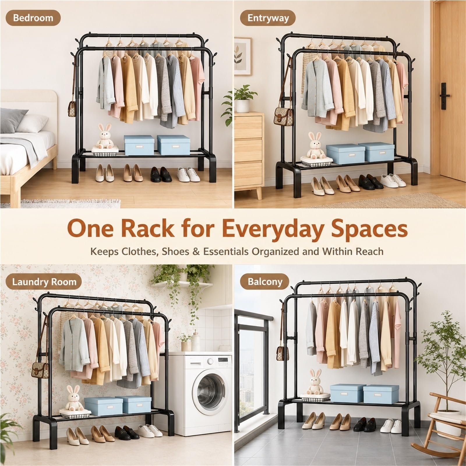 Burro Ropa Resistente, Perchero Burro Doble con Zapatero y 4 Ganchos Laterales, Perchero de Pie en Metal Negro, Carga 90 kg para Dormitorio, Vestidor, Entrada(Black,130cm/51.2 in)