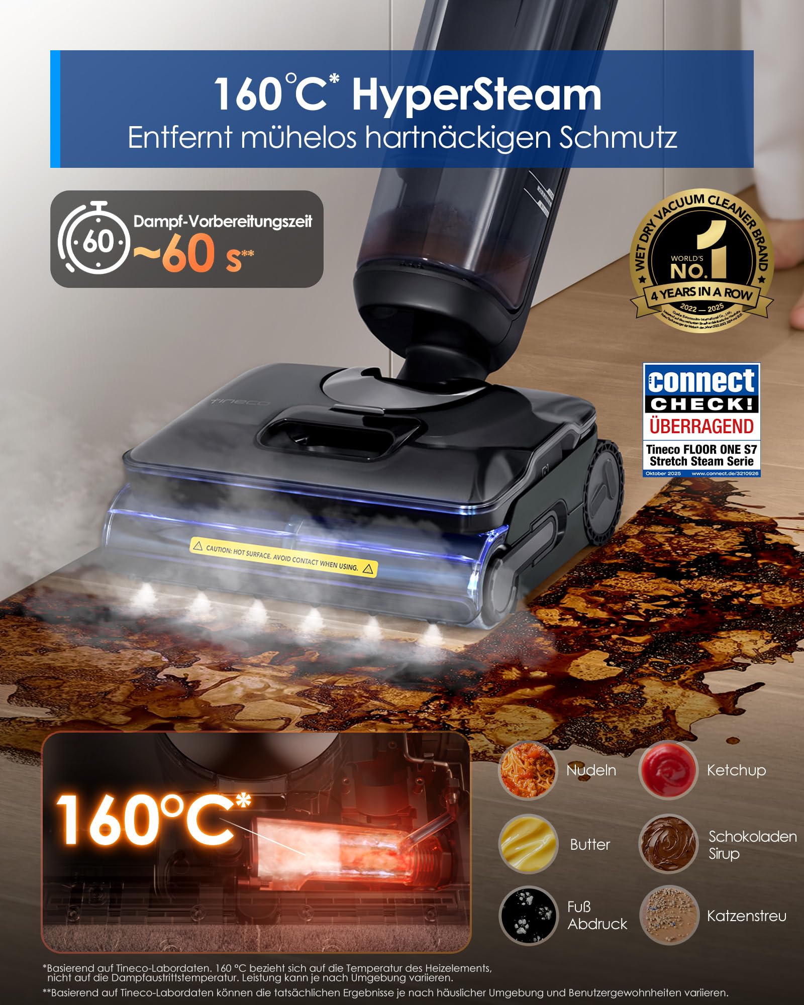 Tineco FLOOR ONE S7 Stretch Steam Nass Trockensauger 160 °C HyperSteam Dampfreiniger, 80 Min Laufzeit, DualBlock Anti-Tangle