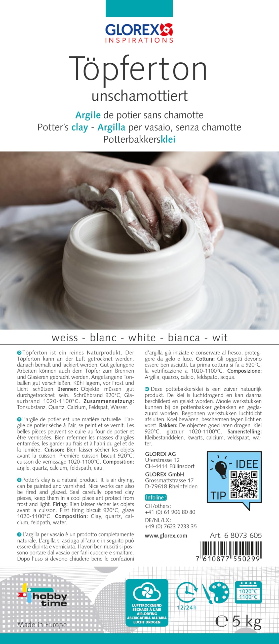 Argile à Poterie Blanc Non Chamottée Glorex 5kg - Pour Tour Et Modelage