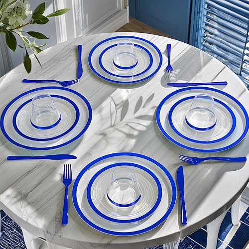 Miniatura 8 de I00000 350 platos de plástico azul oscuro, platos desechables transparentes para 50 invitados, vajilla azul incluye 50 platos llanos, 50 platos de