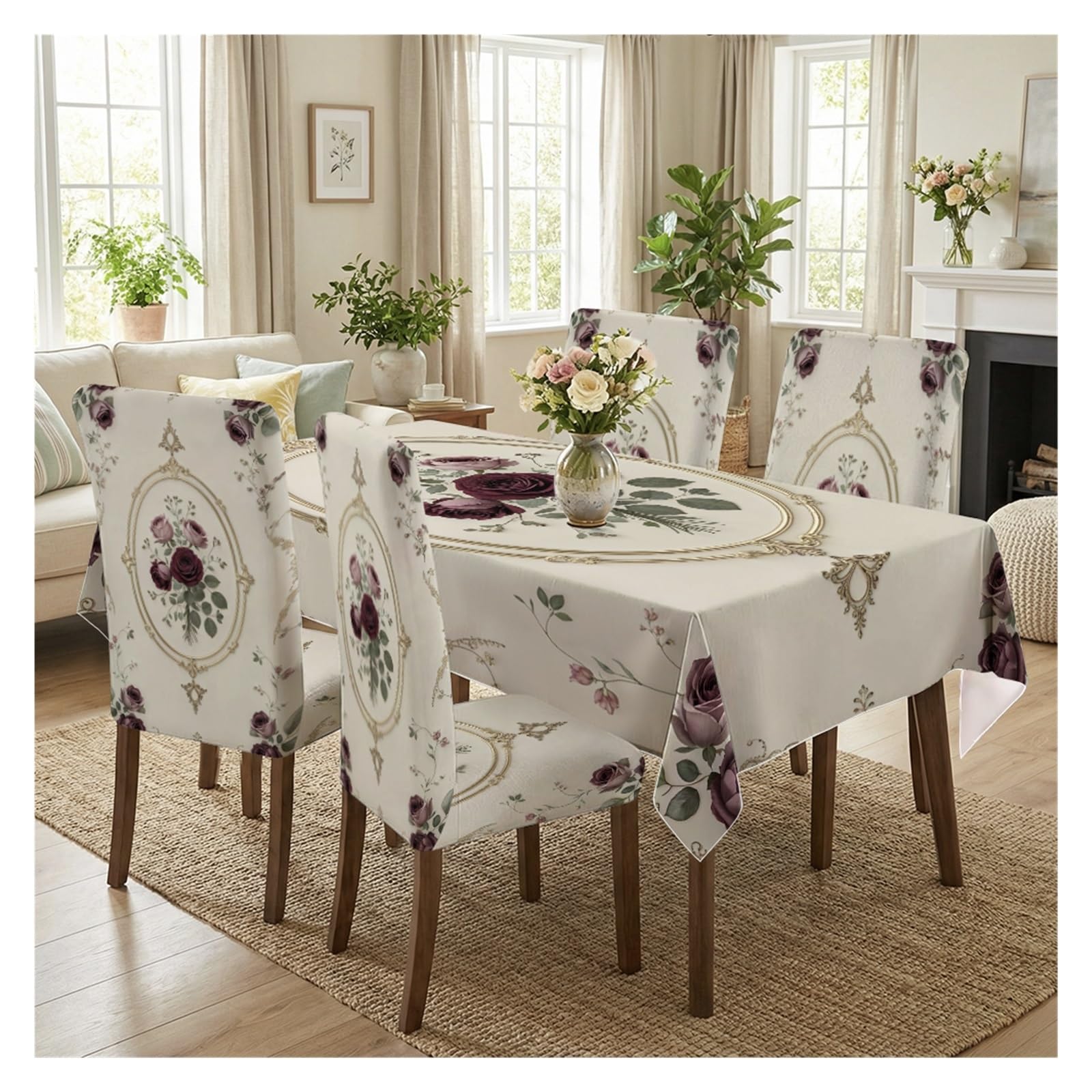 BOSUYBN Vintage Burgundy Rose Gold Baroque Frame Floral Dining Tablecloth & Chair Covers Set, 5/7 Piece Elegant Victorian Romantic Dining Home Decor Table Setting(5pcs Set: Tablecloth+Chair Covers)