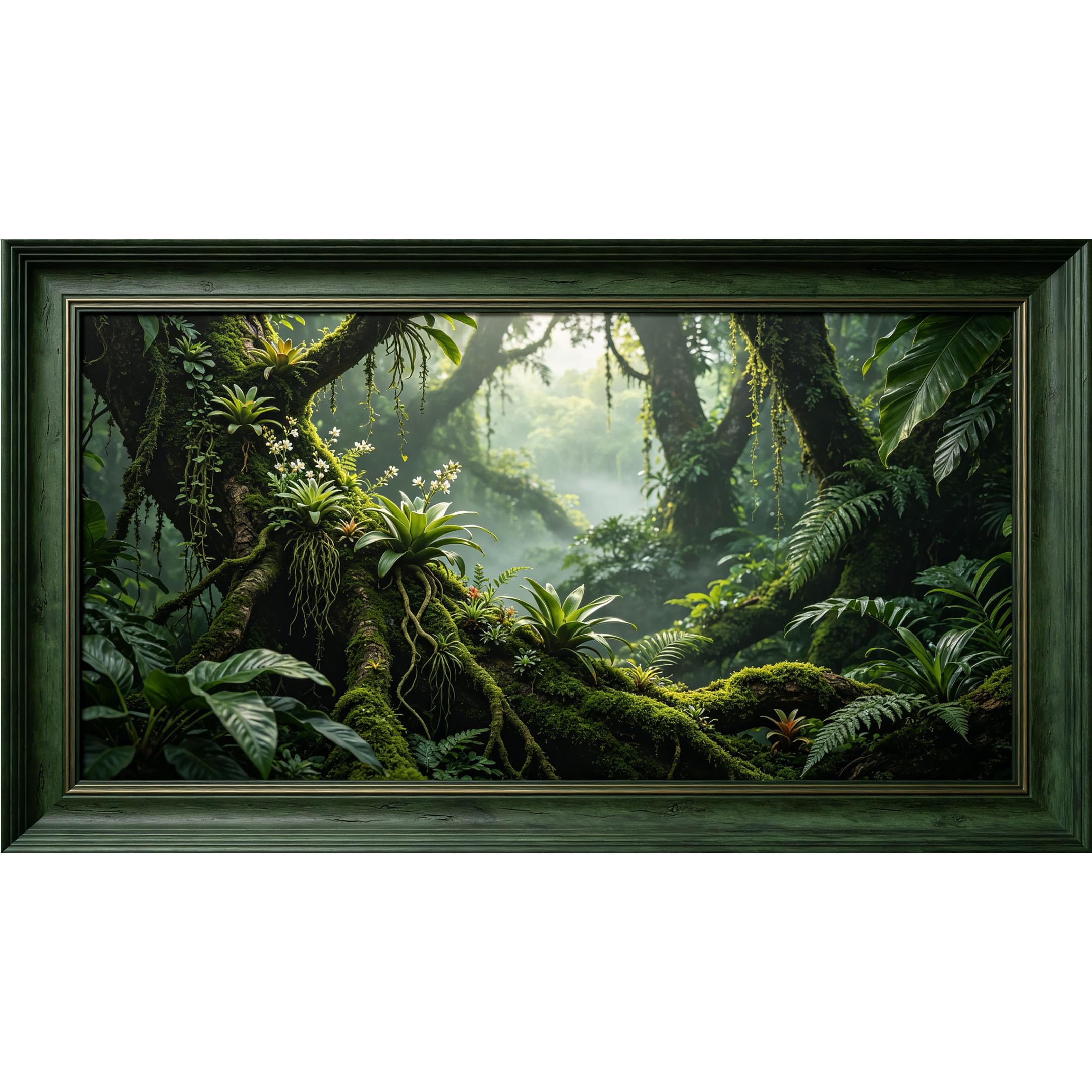 QZLITHOTIC 50x90cm3D Framed Wall Art， Tropical Jungle Moss Tree Canopy Botanical Landscape Self‑Adhesive Mural， Water‑Activated Peel & Stick Fabric Decor Wall Decal for Bedroom Living Room