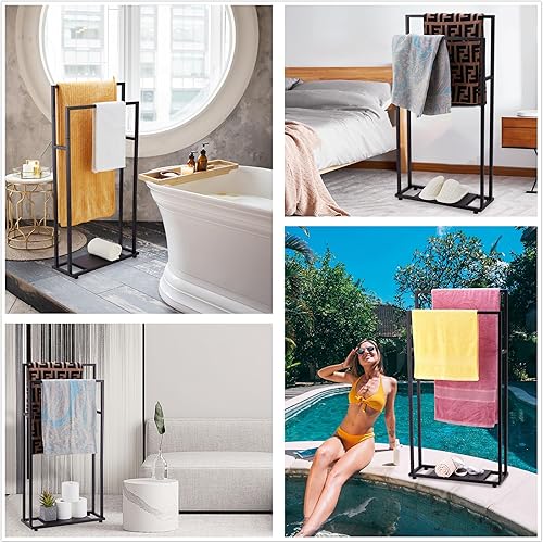Miniatura 6 de Toalleros de pie para baño, 39 pulgadas de alto, 2 niveles con estantes de almacenamiento, moderno estante de secado de piscina de pie para