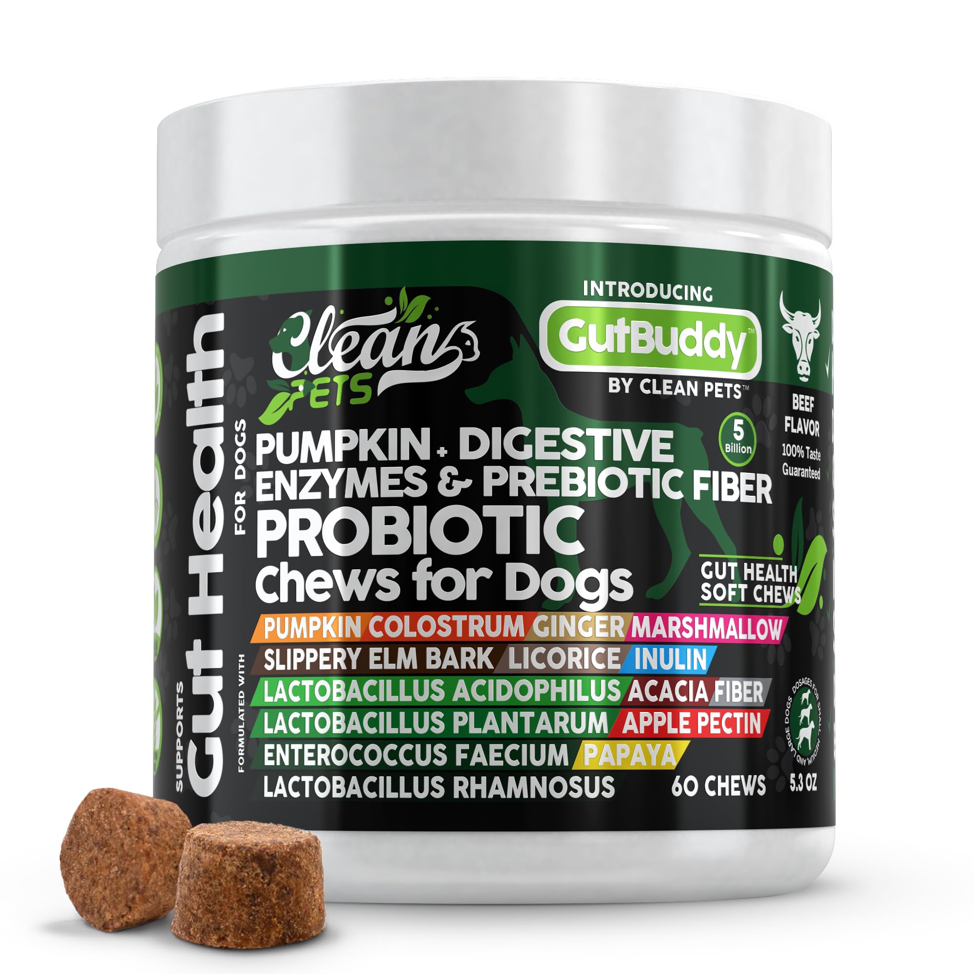 Probiotics for Dogs with Pumpkin, Colostrum, Digestive Enzymes, Ginger, Slippery Elm, Licorice, Inulin Fiber & More | Beef Flavor Soft Chews for Gut Health and Digestion Dog Supplement