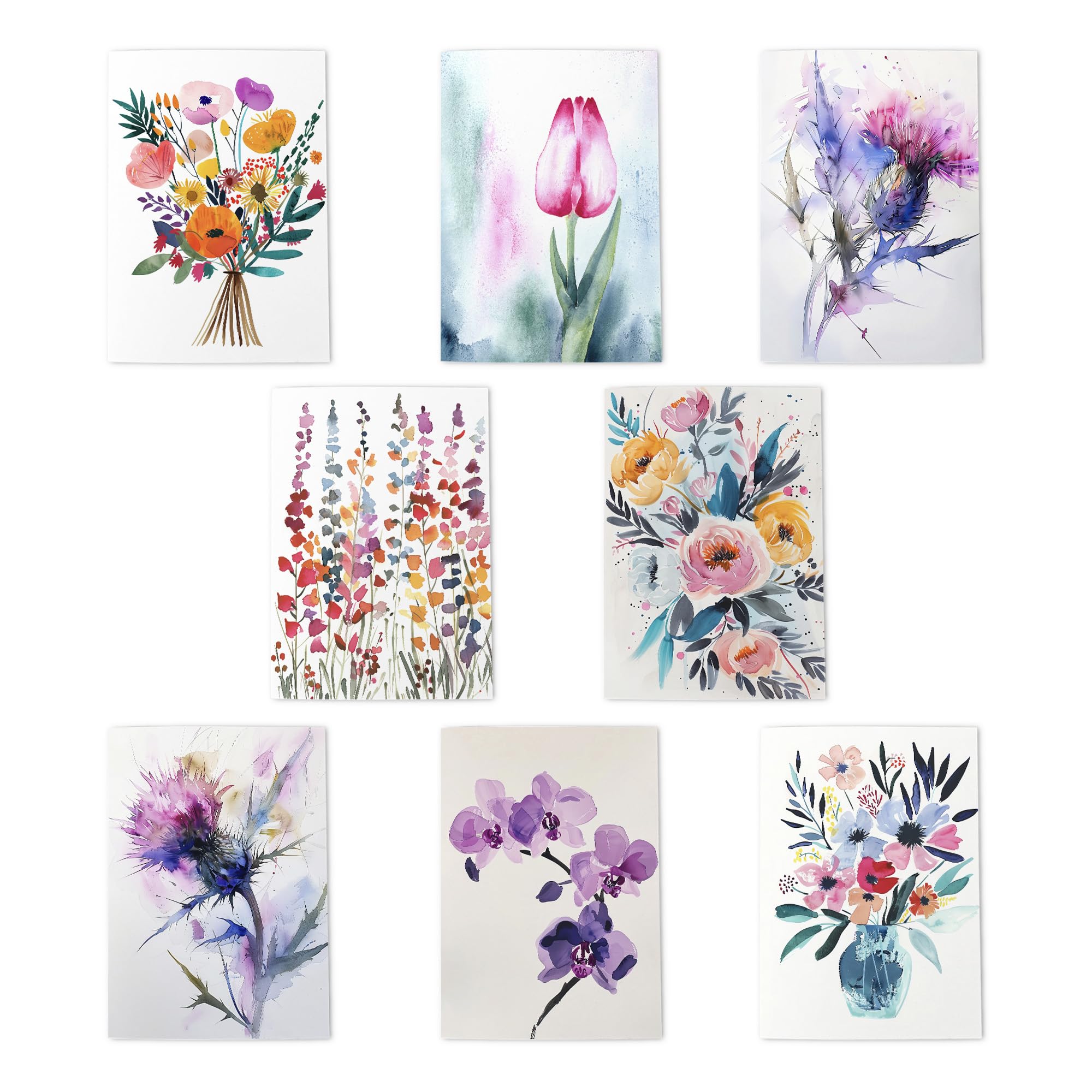 Floral Greeting Art Cards Bright Colourful Bloom Nature Designs 8 Assorted Cards Blank Inside Any Occasion Notecard A6 Size - 10x15 cm