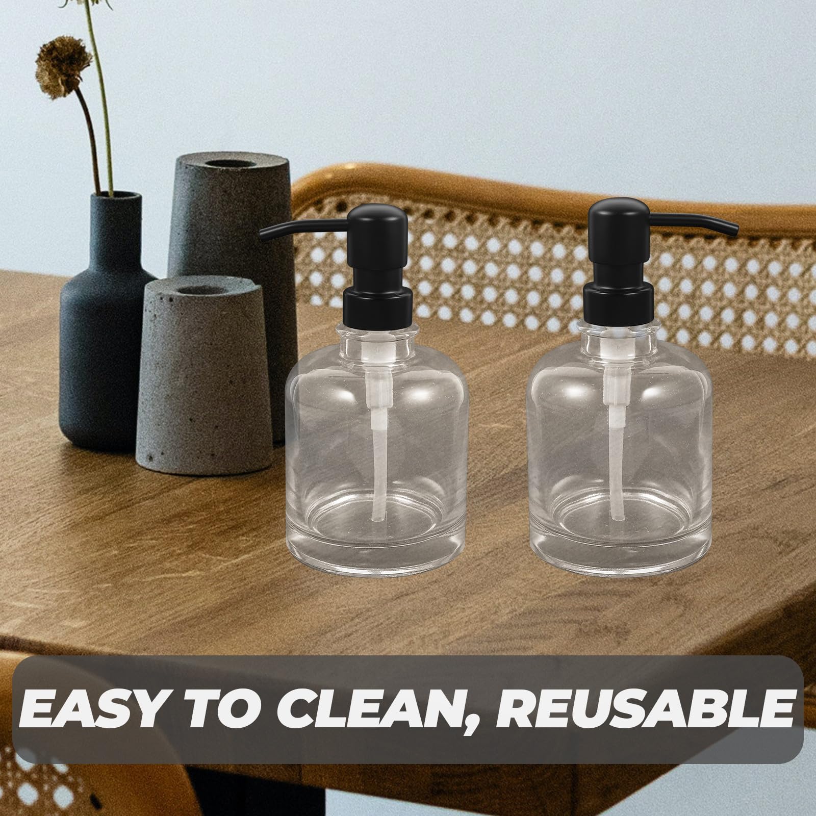 Botella Dispensadora de Champú 12 Onzas de Vidrio con Bomba | 2 Piezas, Diseño Simple y Transparente, Uso en Oficina y Baño, Anti-óxido y Portátil