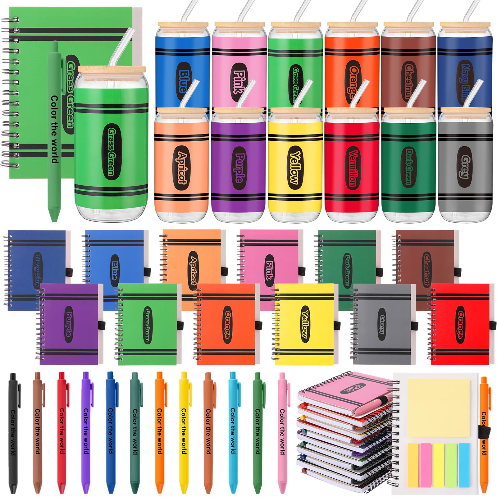 Skylety Lot de 36 gobelets en verre de 473,6 ml avec couvercles, pailles, carnets à spirales, stylos adhésifs pour le personnel d'équipe, les collègues (crayon)