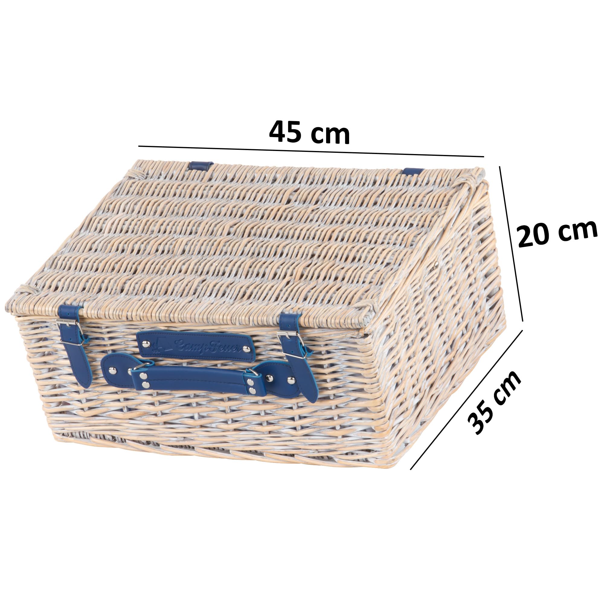 CampFeuer Cesta de Mimbre para Picnic con Correas de Polipiel | 4 Personas | 21 Piezas | Set de Picnic con Platos de Cerámica, Cubiertos, Copas, Manta de Picnic y Mucho Más