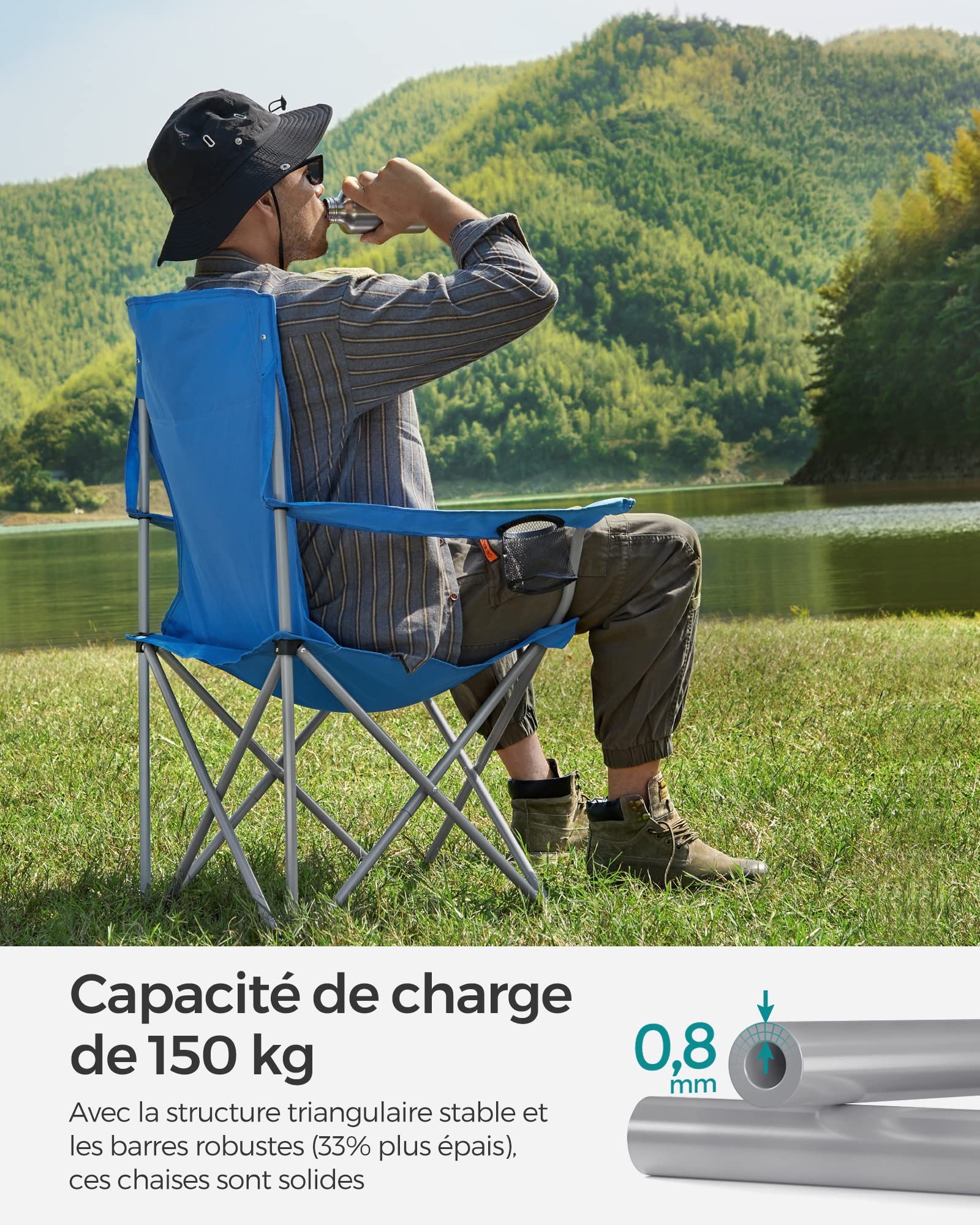 SONGMICS Lot de 2 chaises Pliantes, chaises de Camping, Structure Robuste et Confortable, Charge maximale 150 kg, avec Porte-gobelet, Chaise d'extérieur