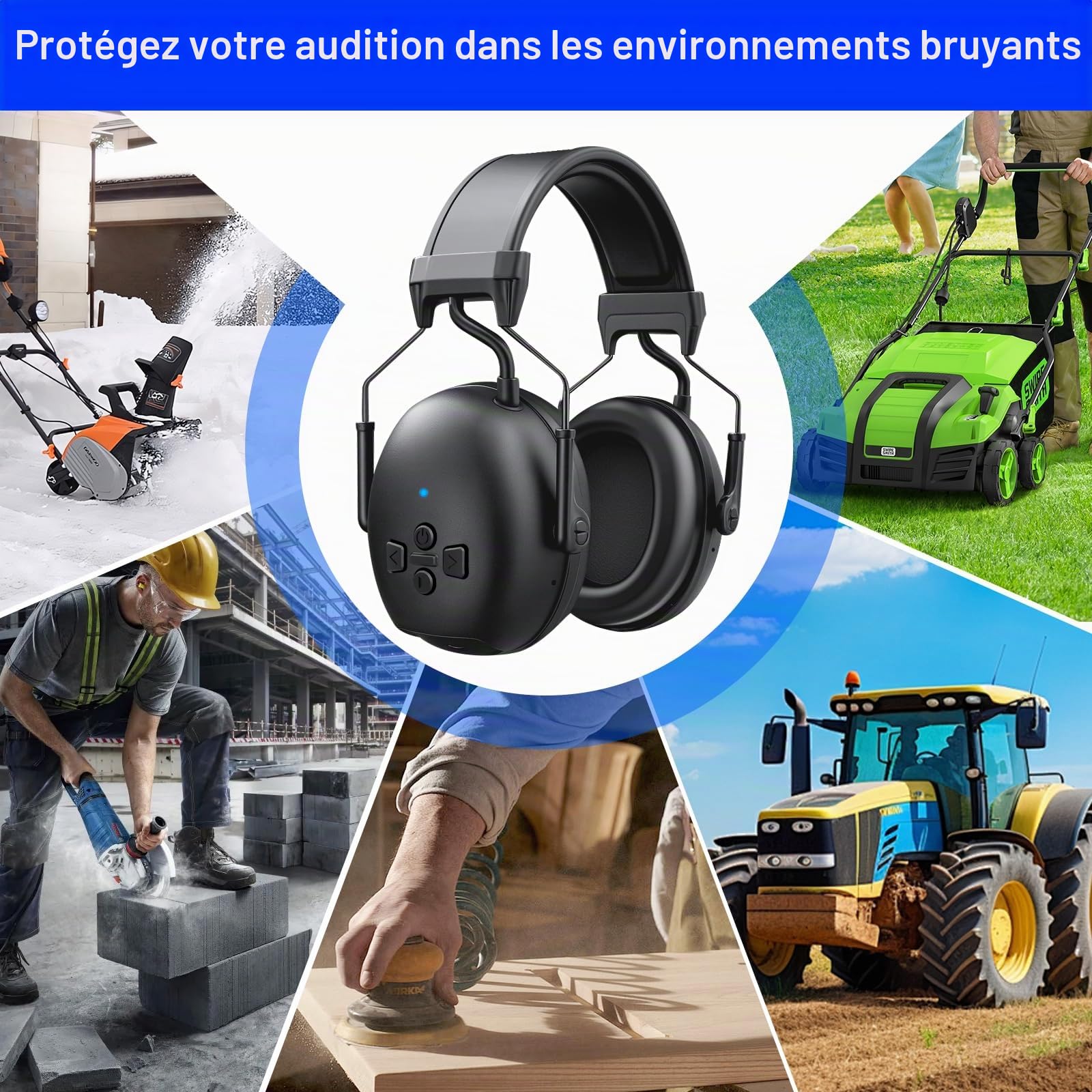 Casque antibruit Bluetooth 5.4, 120 Heures d'autonomie, Microphone intégré, SNR 30 DB, protège-Oreilles avec réduction du Bruit pour la Tonte, Le Travail du Bois et l'aménagement paysager