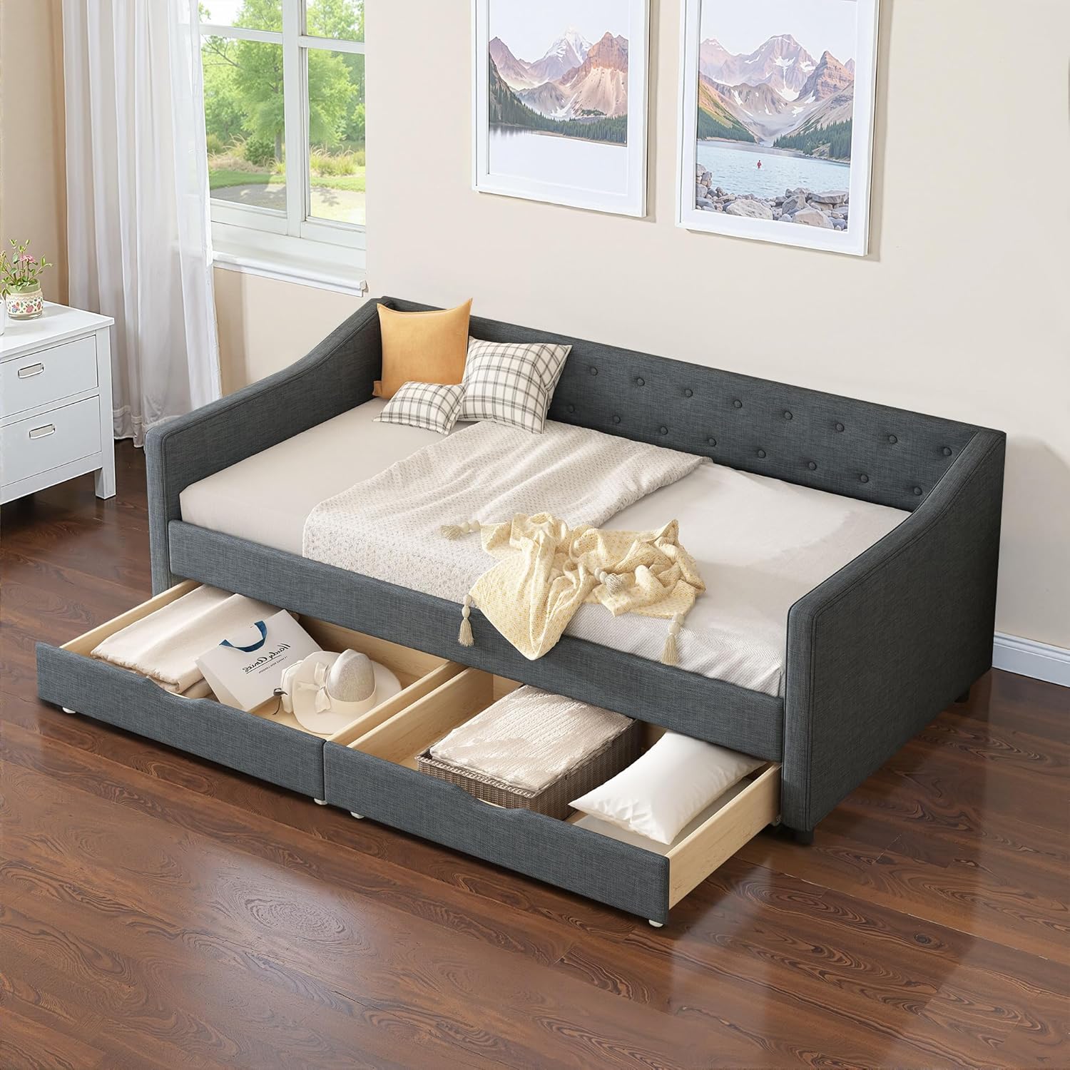 Casaphoria Sofa Daybed with 2 Storage Drawers, Linen Fabric Upholstered Daybed Frame w/Wave Shape Arms, Heavy Duty Sofa Bed for Bedroom or Living Room, Twin Size Dark Gray