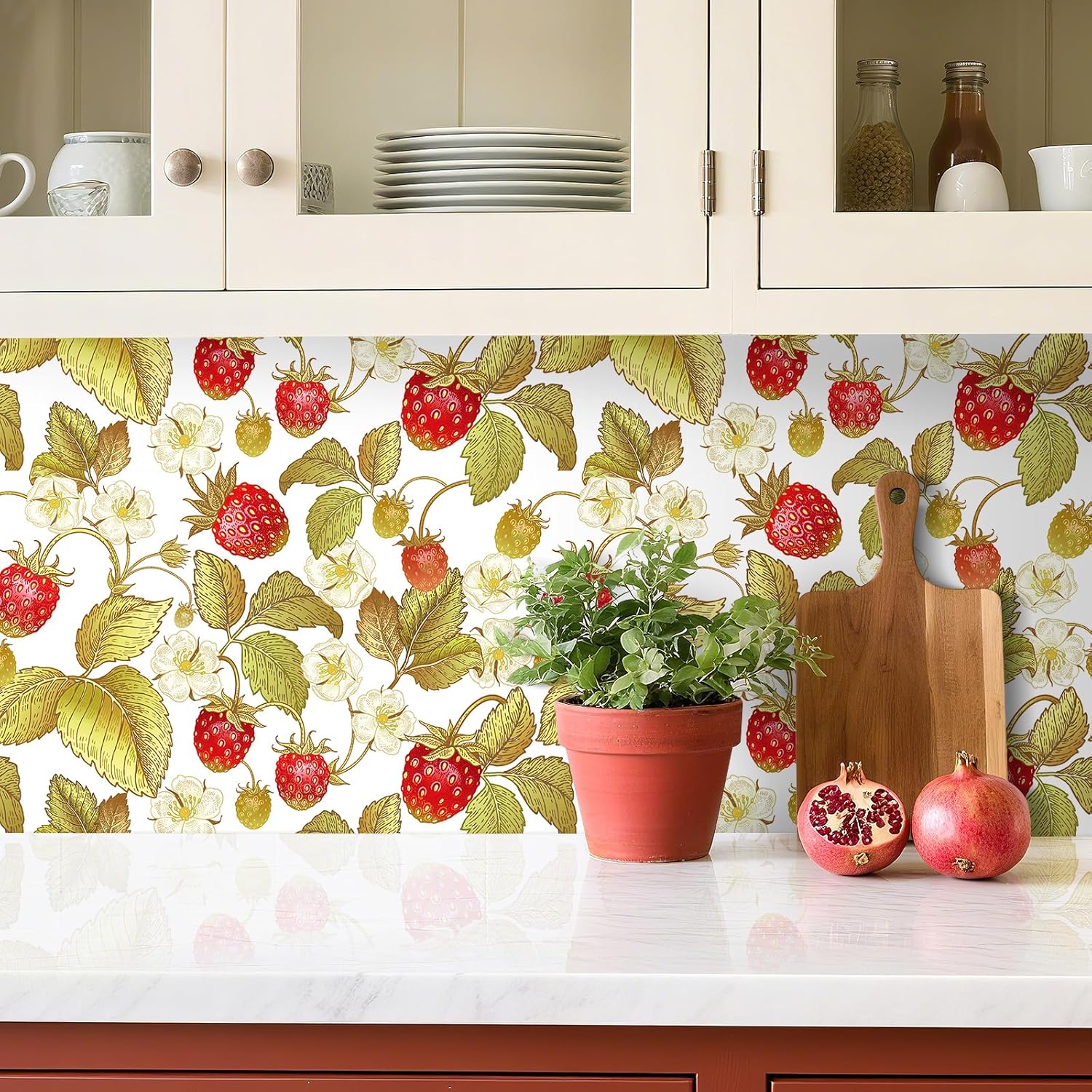 Livelynine 17.5x276 Pink Strawberry Peel and Stick Wallpaper Renter Friendly Cute Fruit Contact Paper for Cabinets Strawberry Flower Fields Vinyl Botanical Fruit Wallpaper for Kitchen Kids Room Class