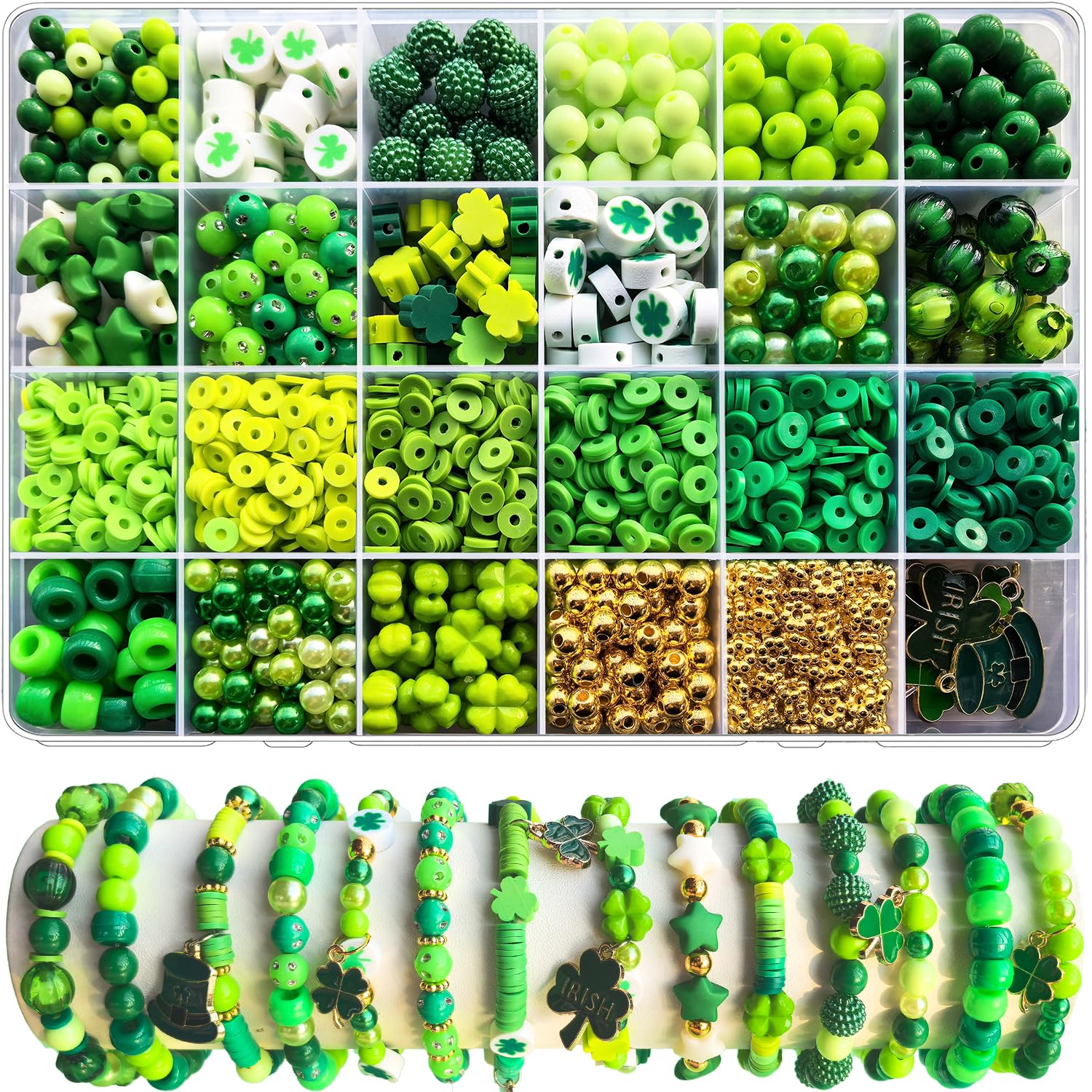 2100 cuentas del día de San Patricio para hacer pulseras, kit de fabricación de pulseras surtidas, cuentas de arcilla de trébol, cuentas de perlas acrílicas redondas espaciadoras a granel para aretes,