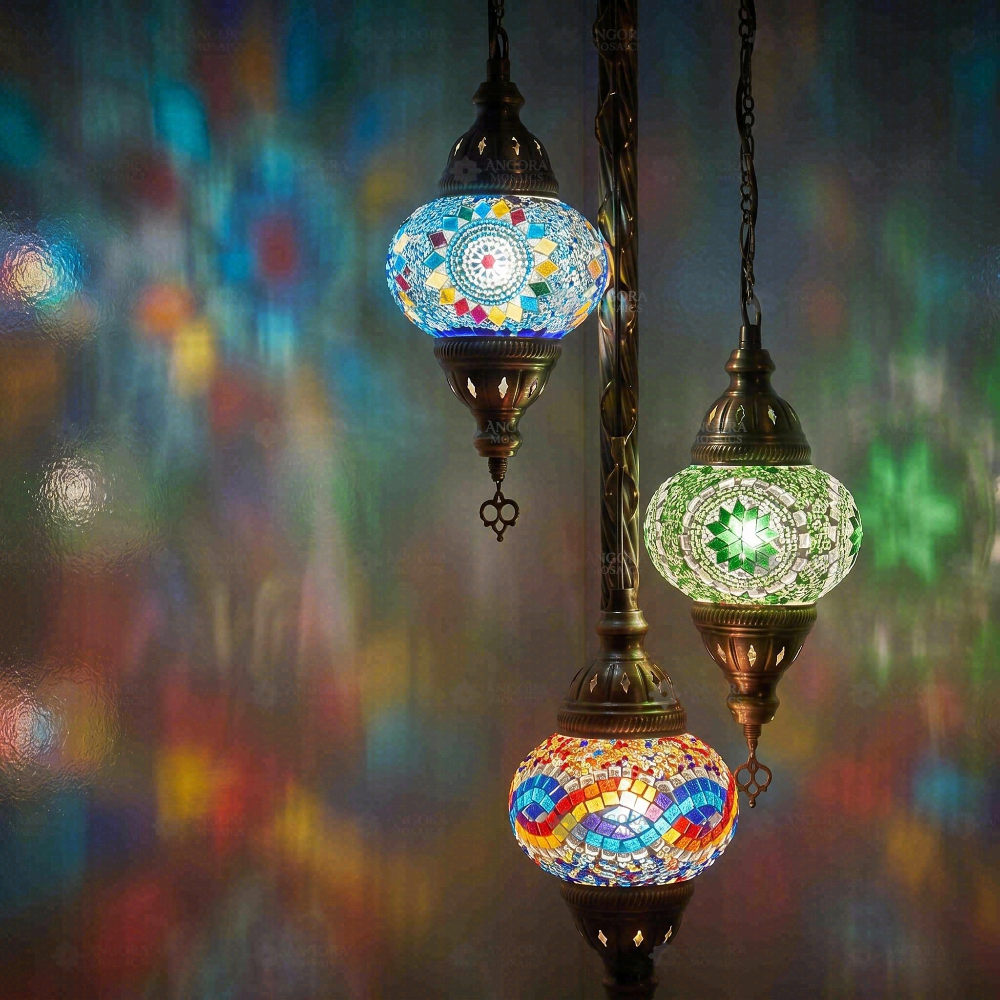 ENVA Lampada da terra multicolore con mosaico turco, realizzata a mano, 3 globi, lampada in vetro con mosaico bohémien, per soggiorno e camera da letto