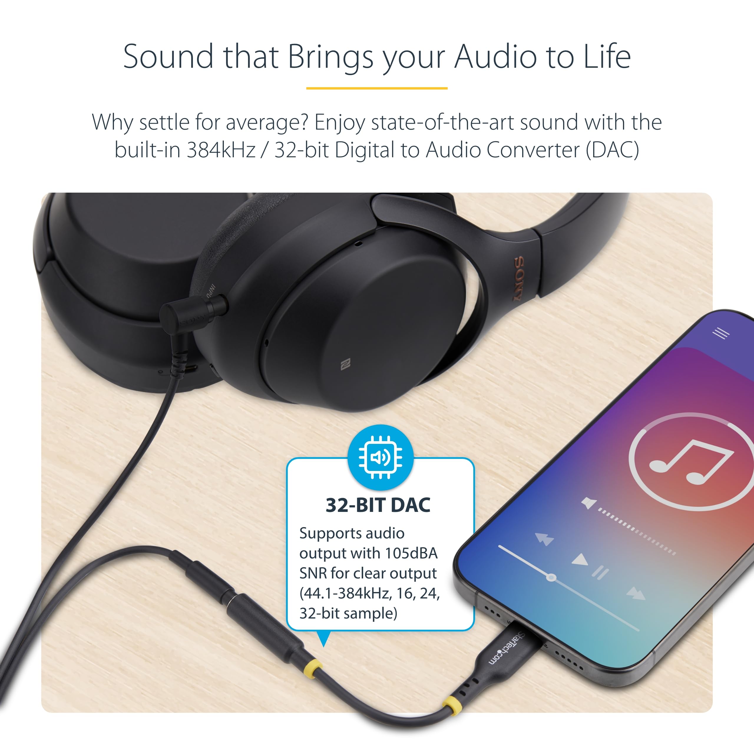 StarTech.com Adapter audio USB-C na 3,5 mm TRRS gniazdo słuchawkowe/słuchawkowe, USB typu C Aux Dongle, Hi-Fi 32-bitowy DAC, do PC/telefonu
