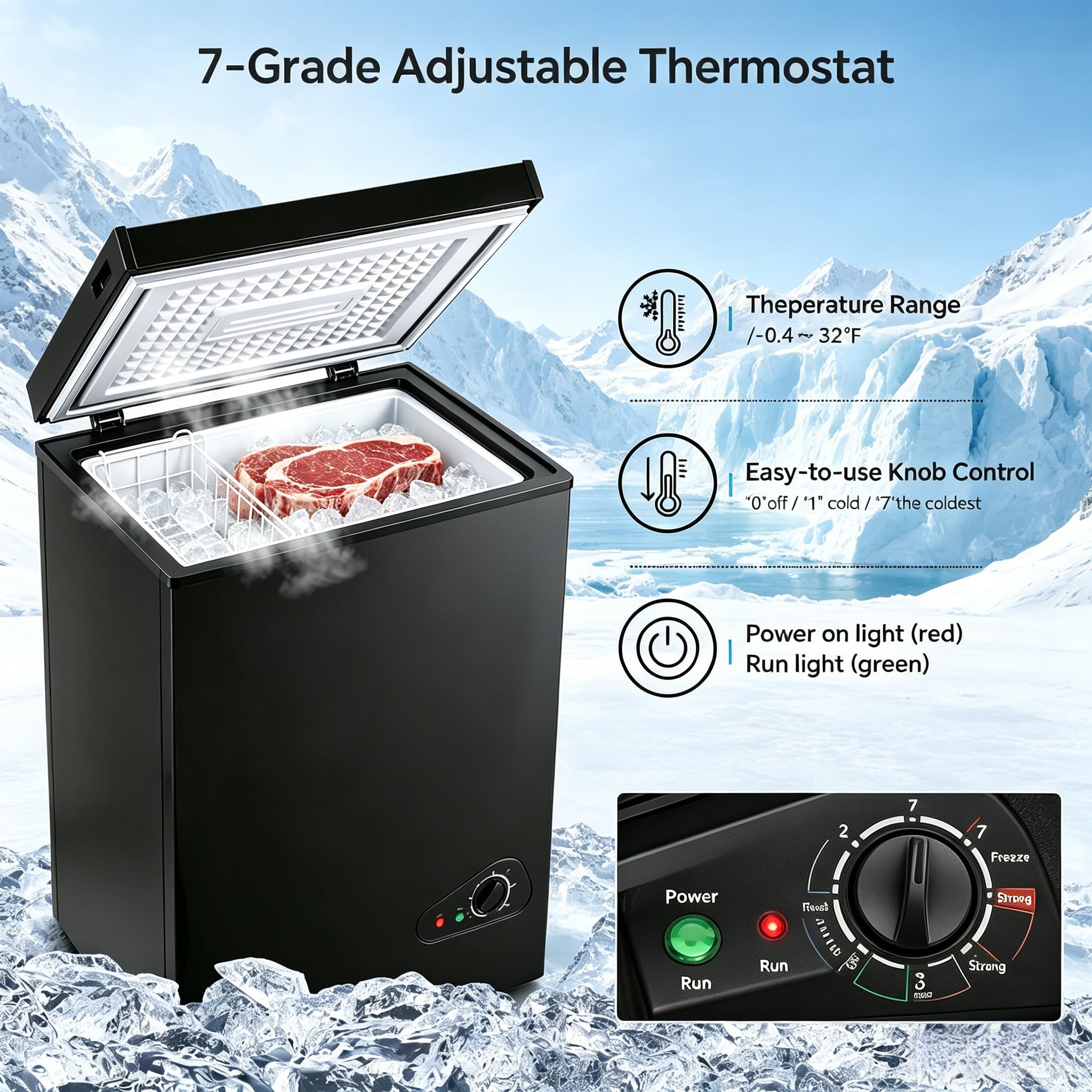 Casanta 2.54 Cu.Ft Compact Chest Freezer, Frozen Black Deep Freezer With Convertible Refrigerator/Freezer Modes, Small Freestanding Ice Box With Removable Basket For Office, Home, Garage, Dorm on Fridge.com - View 6
