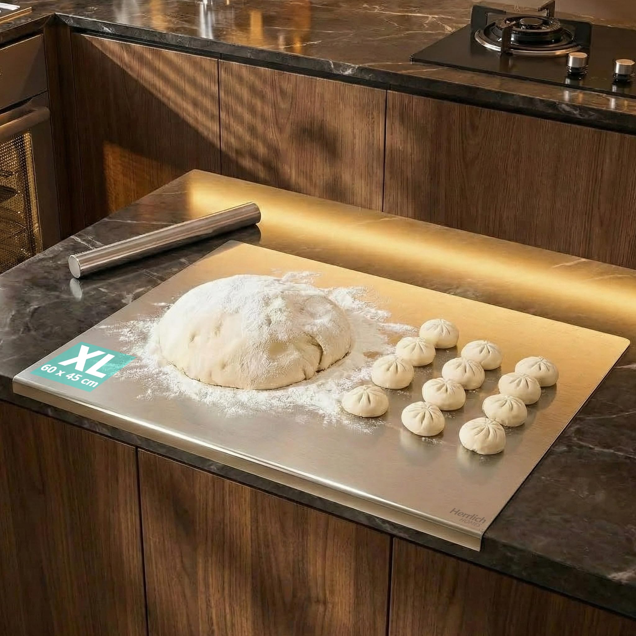 Herrlich Homes Large Cutting Board with Lip for Kitchen Stainless Steel Chopping Boards, Heavy Duty Baking Board, Pastry Board for Meat, Vegetables, Bread Kneading (XL : 60X47cm)