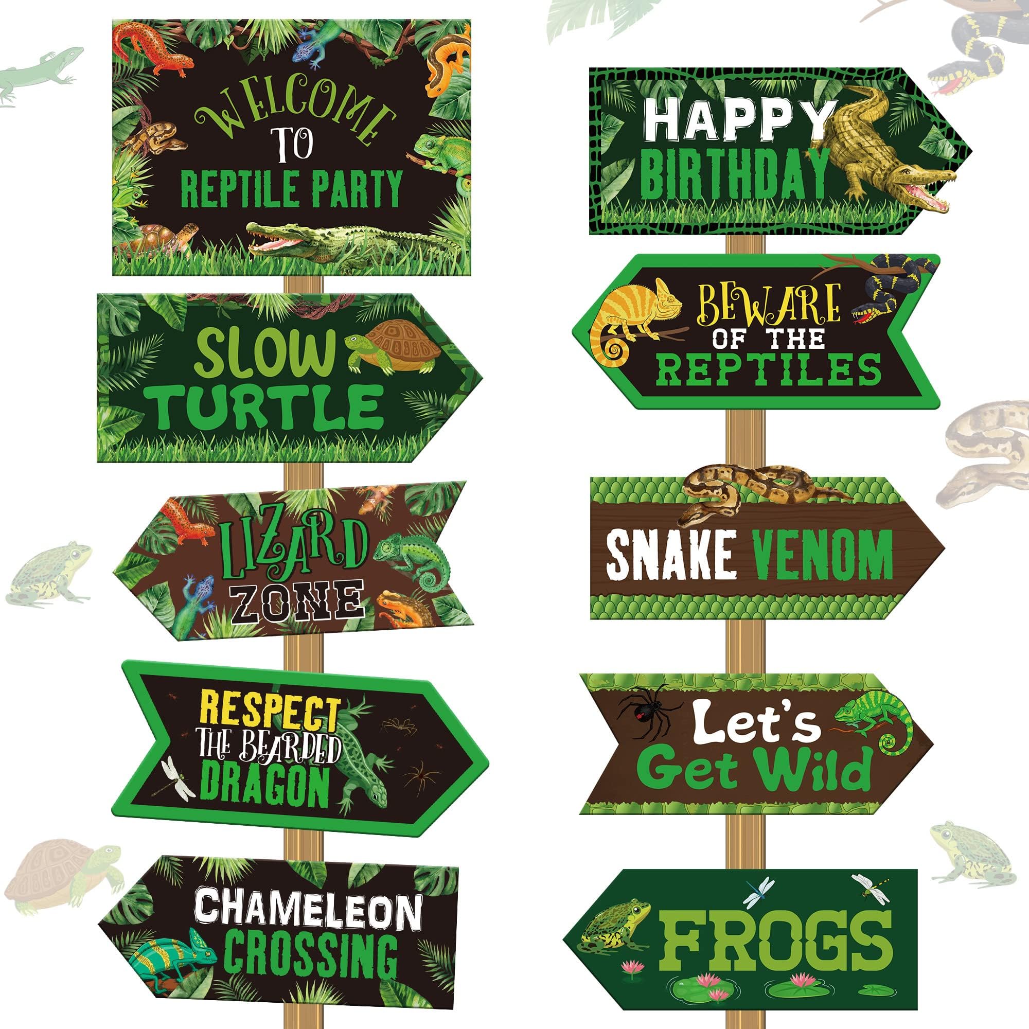 Outus 20 Pieces Reptile Birthday Party Decorations Lizard Snake Turtle Alligator Themed Directional Sign, Jungle Wild Yard Sign for Boy Girl Kid Decorations Party decor, 10 Styles