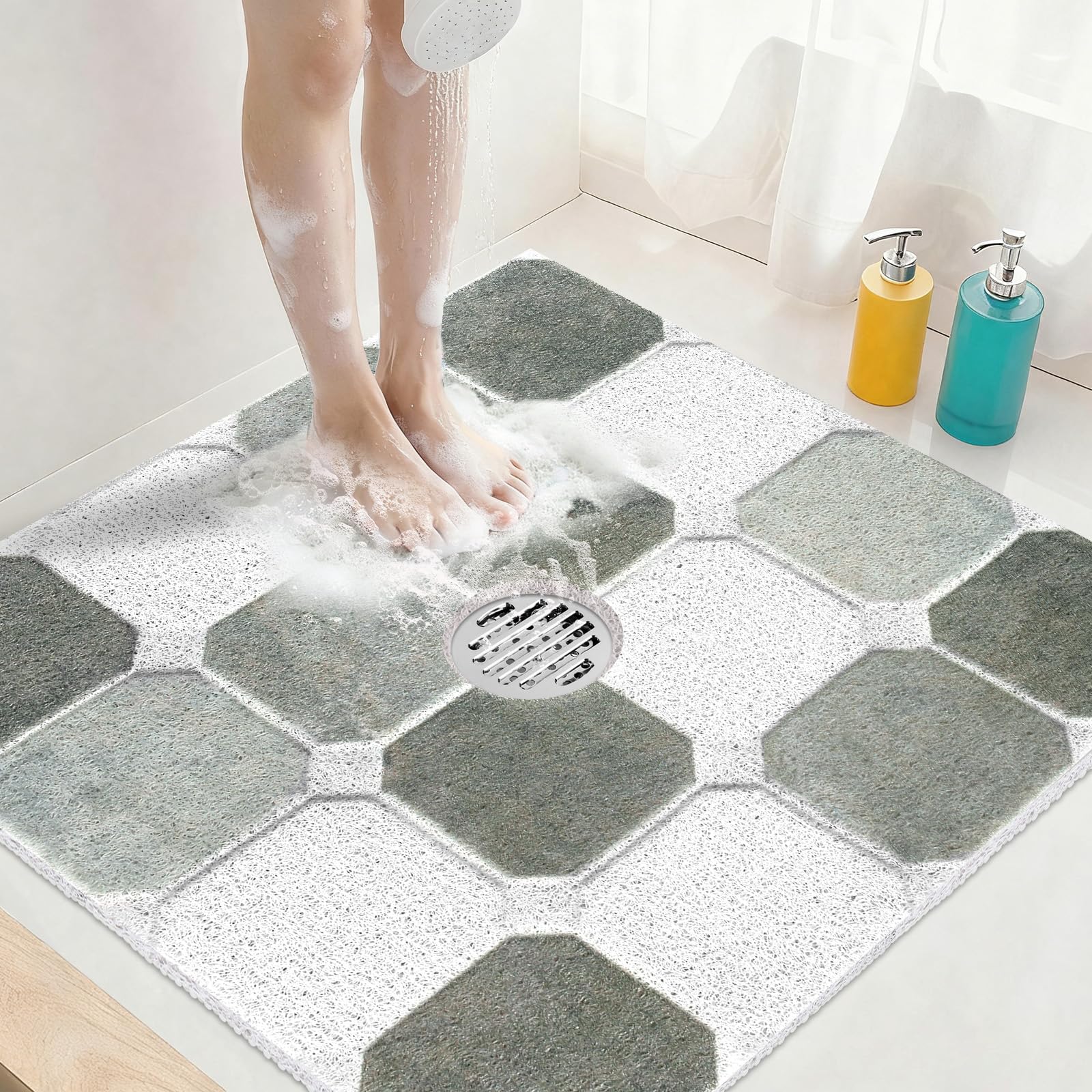Square Shower Mat Non Slip: 24x24 Inch Extra Large Shower Mats for Inside Shower, Non Slip Shower Mat with Drain Hole in Middle- Anti Slip Shower Floor Mat, Loofah Shower Stall Mats for Elderly