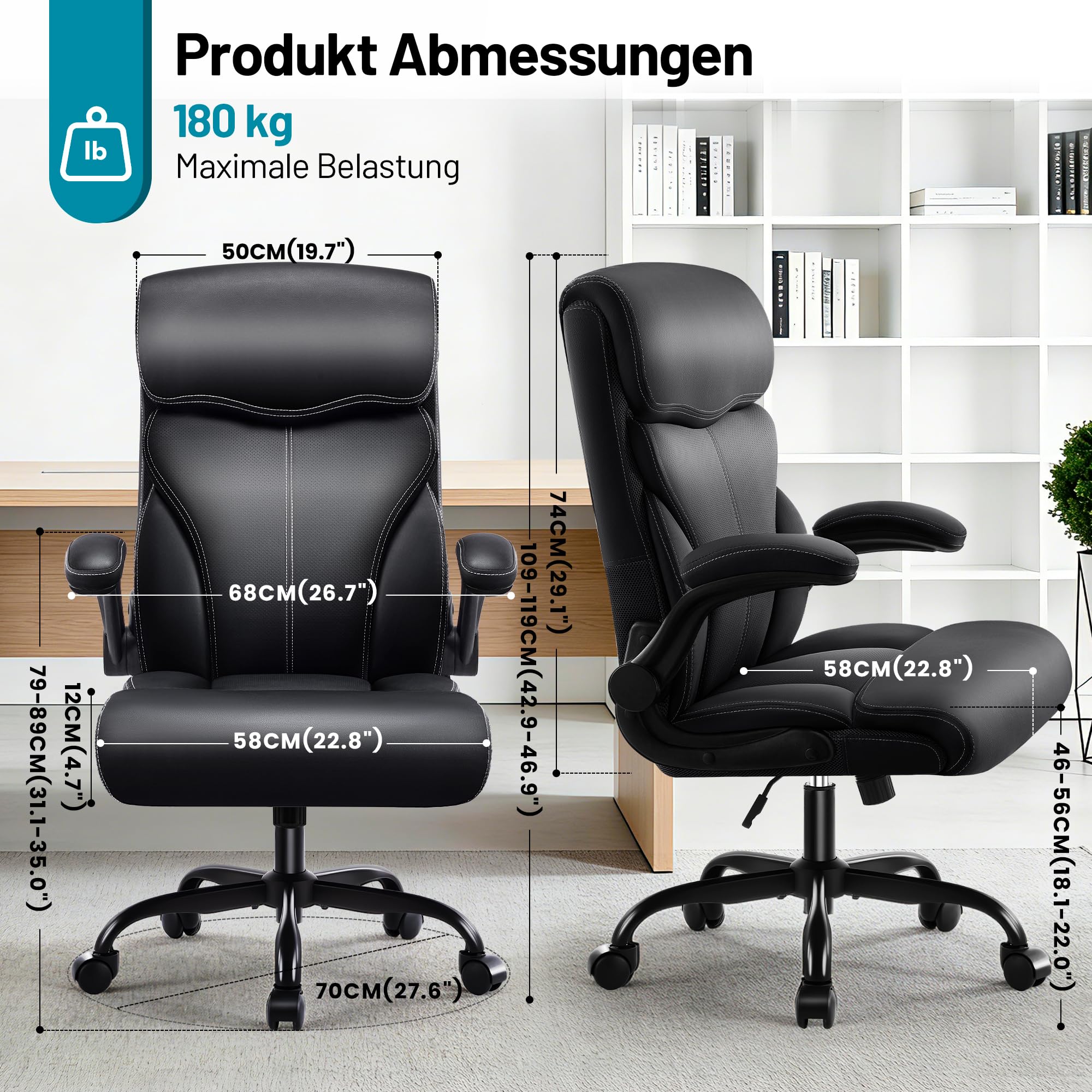 Ergonomischer Chefsessel aus PU-Leder mit Armlehnen, Schwarz | belastbar bis 180 kg , Hohe stabile Rückenlehne, höhenverstellbarer Drehstuhl mit Rollen, optimal für Büro & Homeoffice