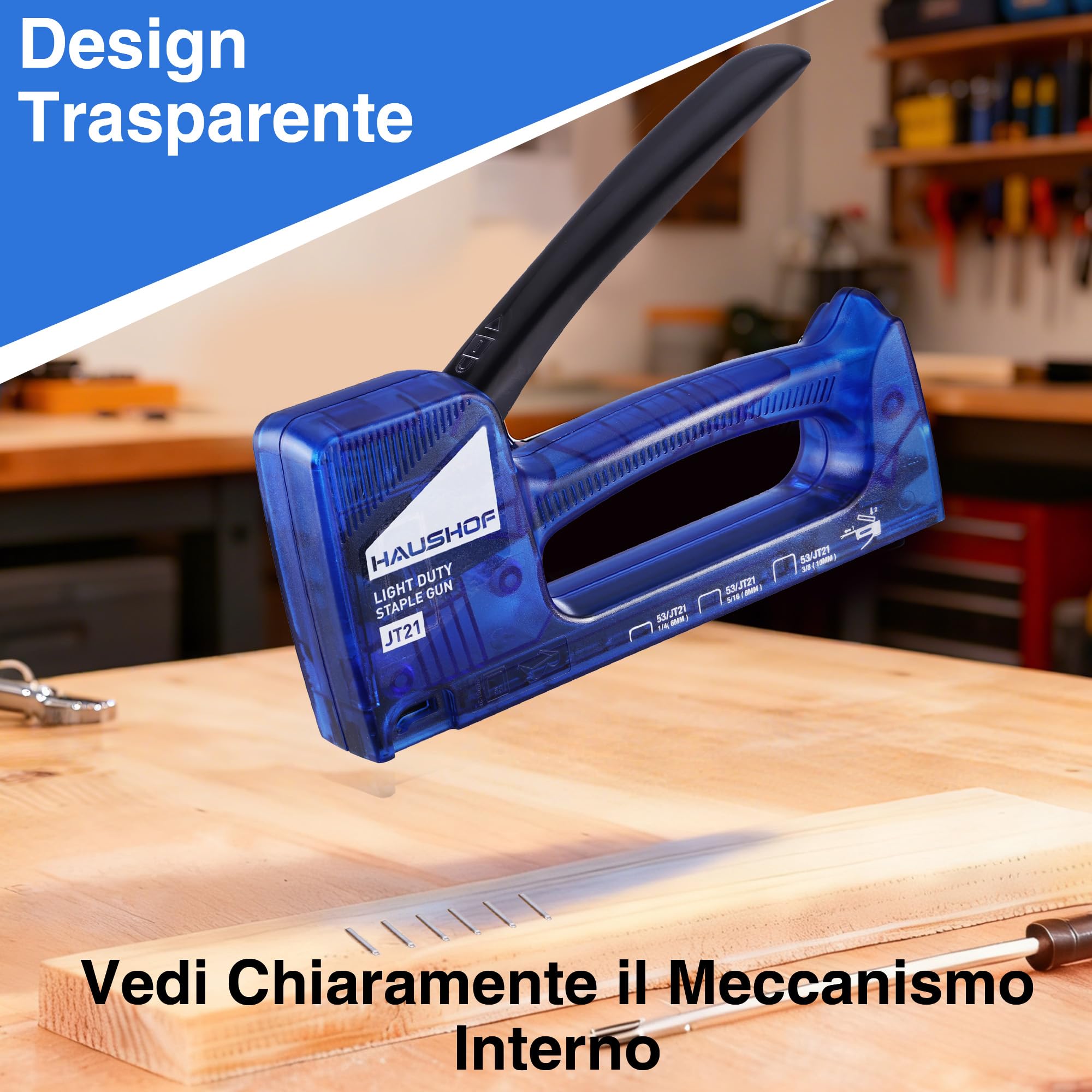 HAUSHOF Pistola Sparachiodi Trasparente con 800 Graffette JT21, Graffettatrice Impugnatura con Bloccaggio Automatico, Spillatrice Leggera per Fissare Tessuti, Cartone e Legno Sottile, Blu
