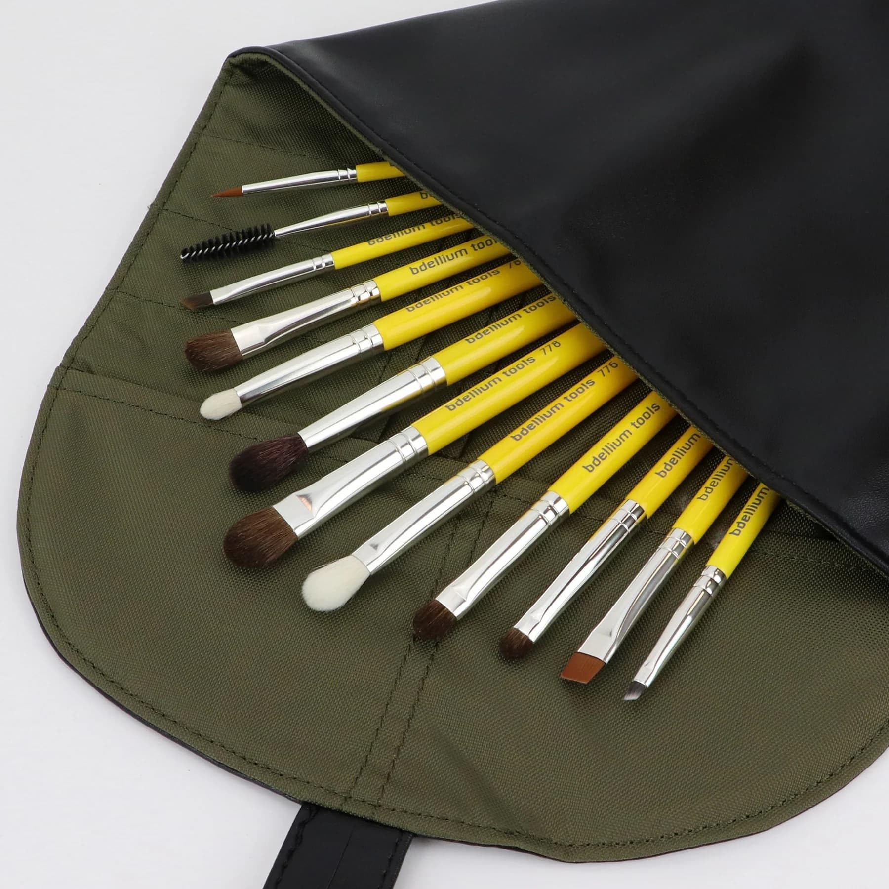 Bdellium Tools - Pennelli sfumatura occhi, professionali e antibatterici, con custodia arrotolabile, 12 pezzi