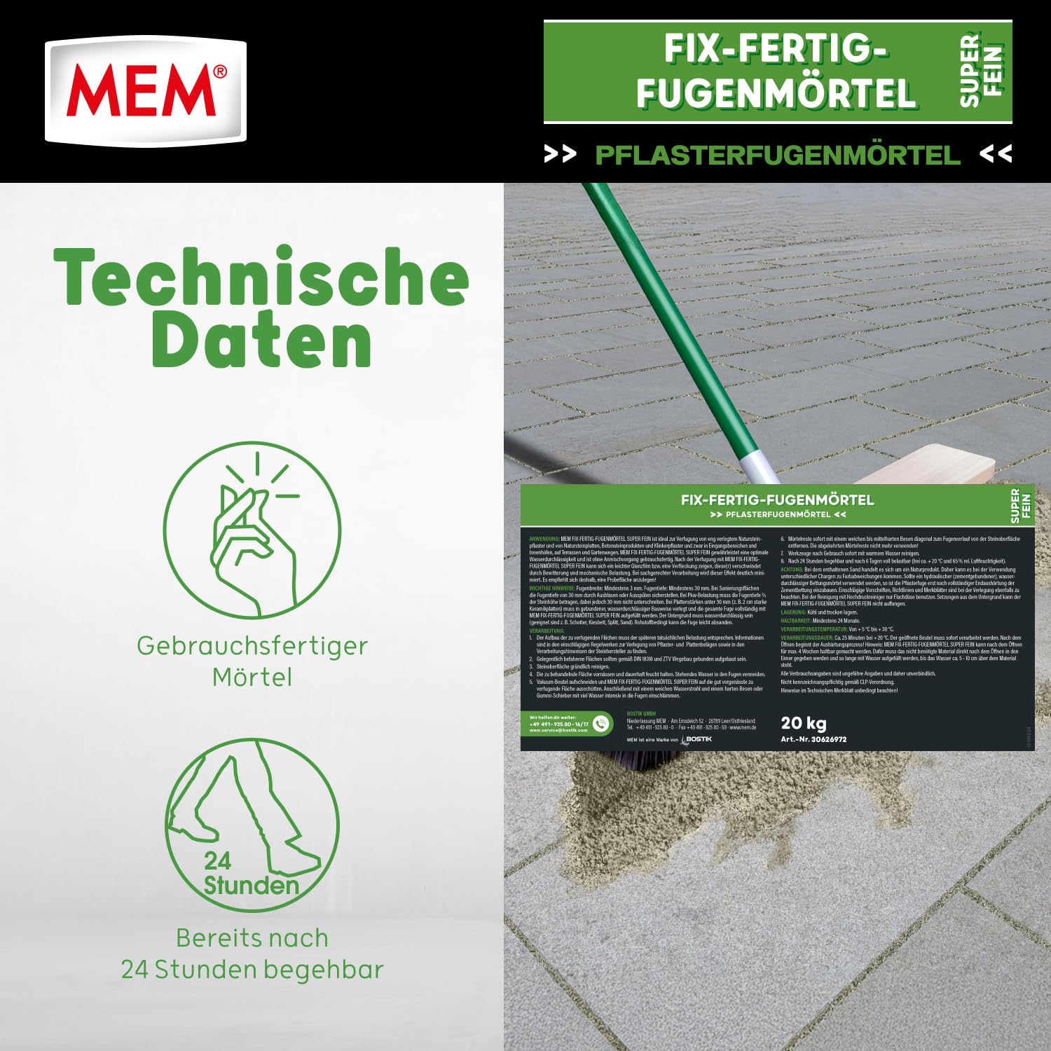 MEM Fix-Fertig-Fugenmörtel Fein Steingrau – 20 kg – Gebrauchsfertiger Pflasterfugenmörtel für Enge Fugen ab 3 mm – Frost- & Wetterbeständig – Für Naturstein, Beton, Klinker & Keramik