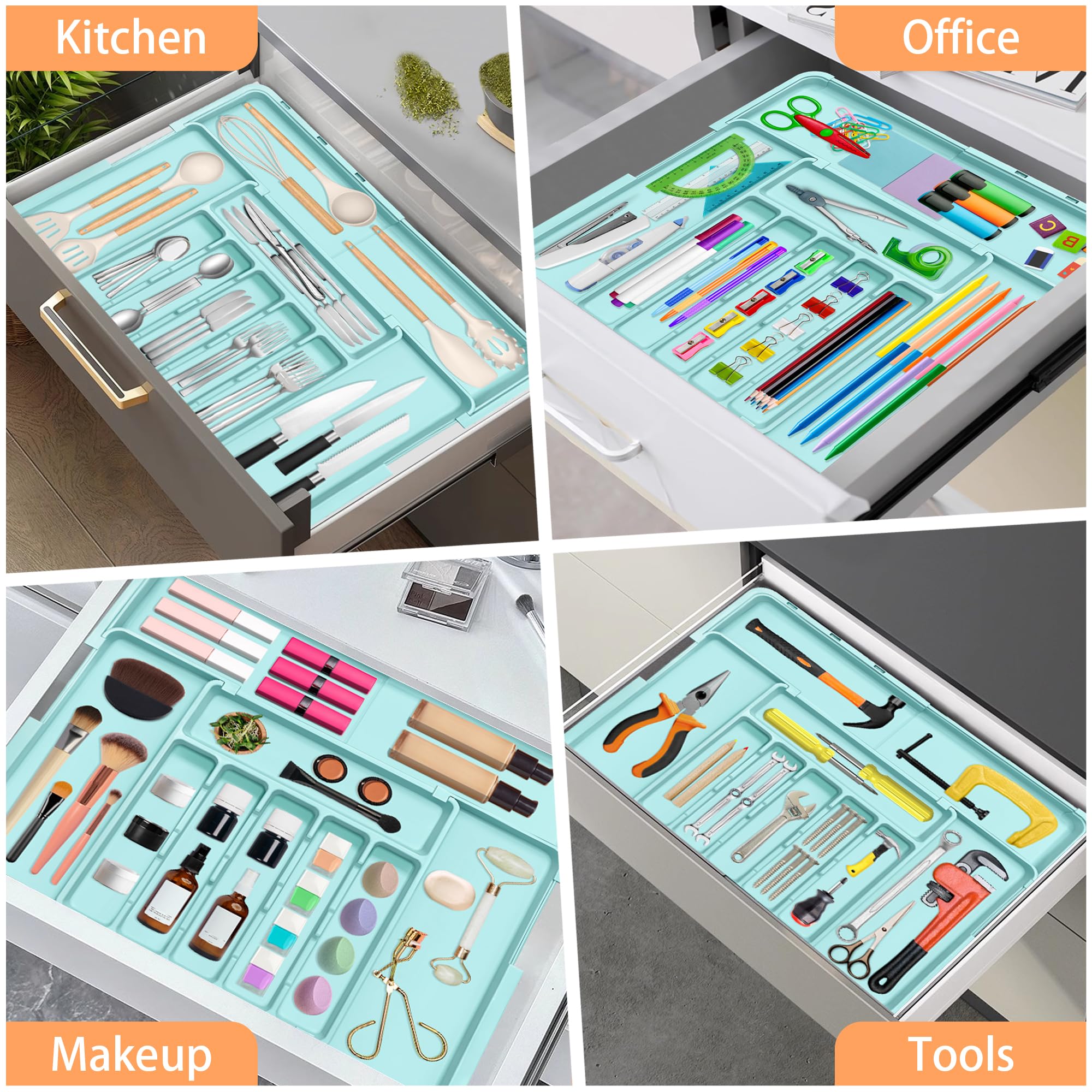 Organizador de cubiertos expandible para utensilios de cocina, organizador de cajones, grande, sin BPA, ajustable, bandeja de cubiertos para cucharas, tenedores, cuchillos, divisor de almacenamiento