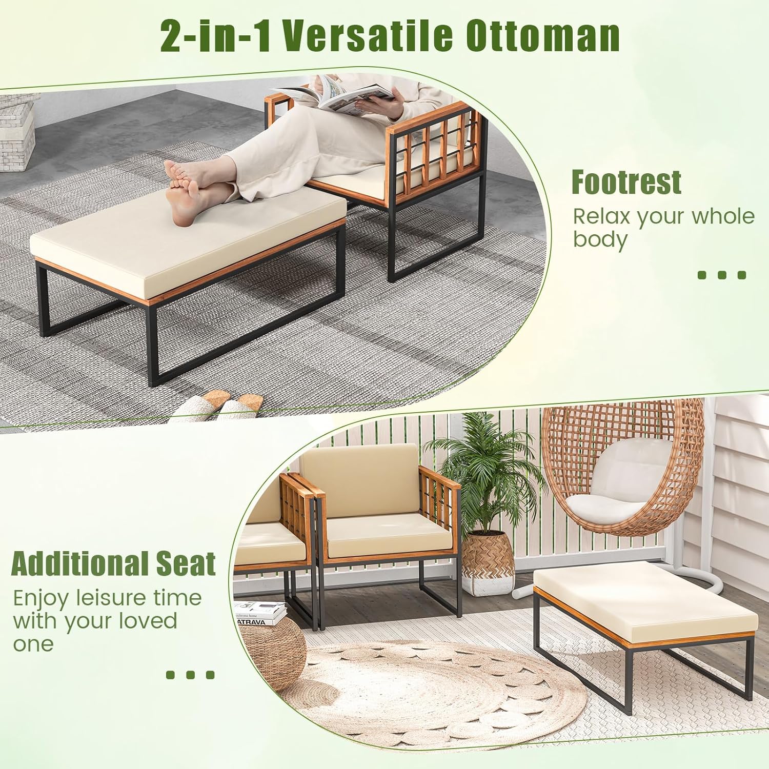 HAPPYGRILL Outdoor Daybed Lounge Patio Acacia Wood Armchair with Ottoman, Patio Chaise Lounge Chair Set for Backyard, Poolside, Balcony