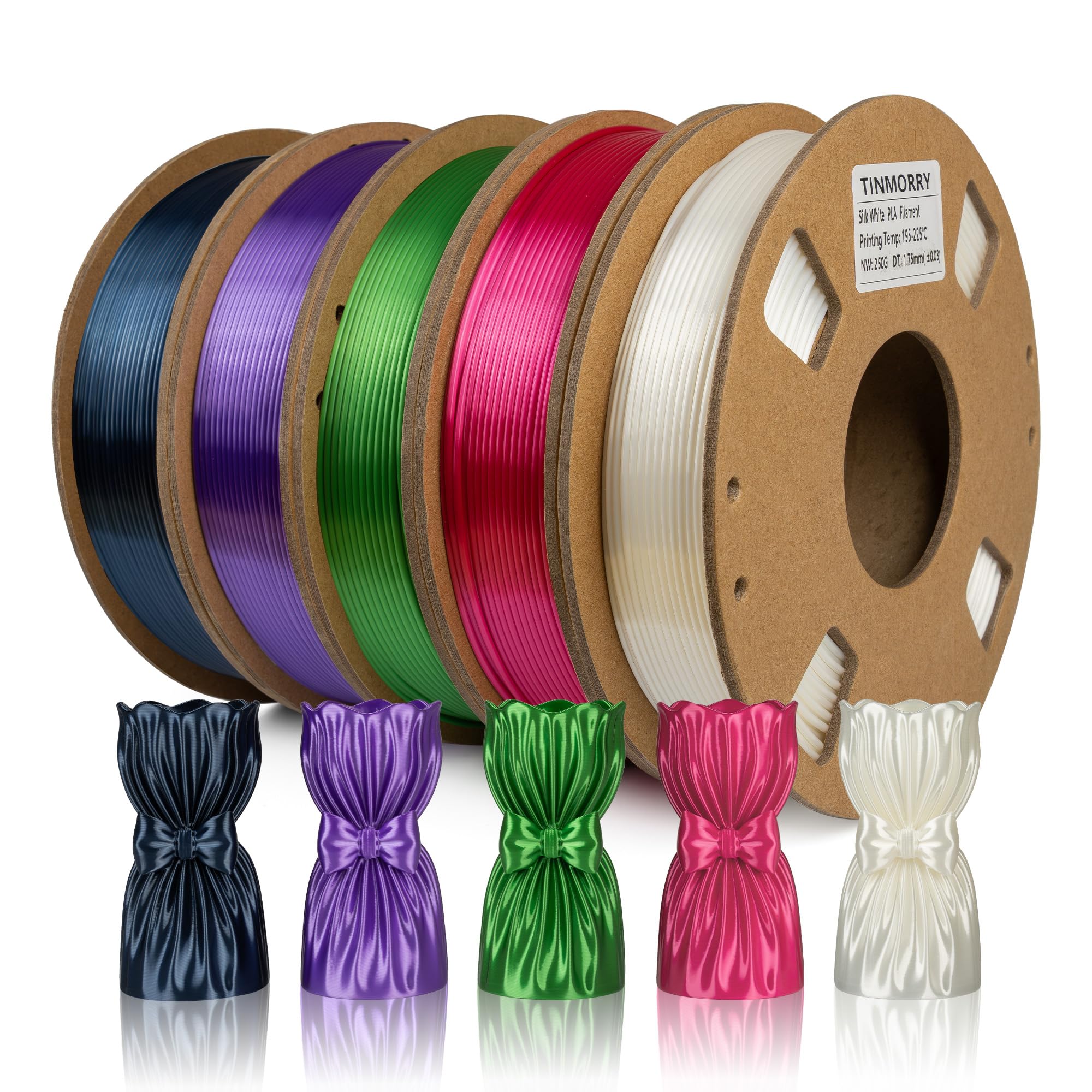 TINMORRY Ultra Silk+ PLA Filament 1.75mm, Silk PLA 3D Printer Filament Bundle, 250g x 5 Spools, Pearl White+Teal Blue+Rose Red+Green+Purple, Net Weight 1.25kg