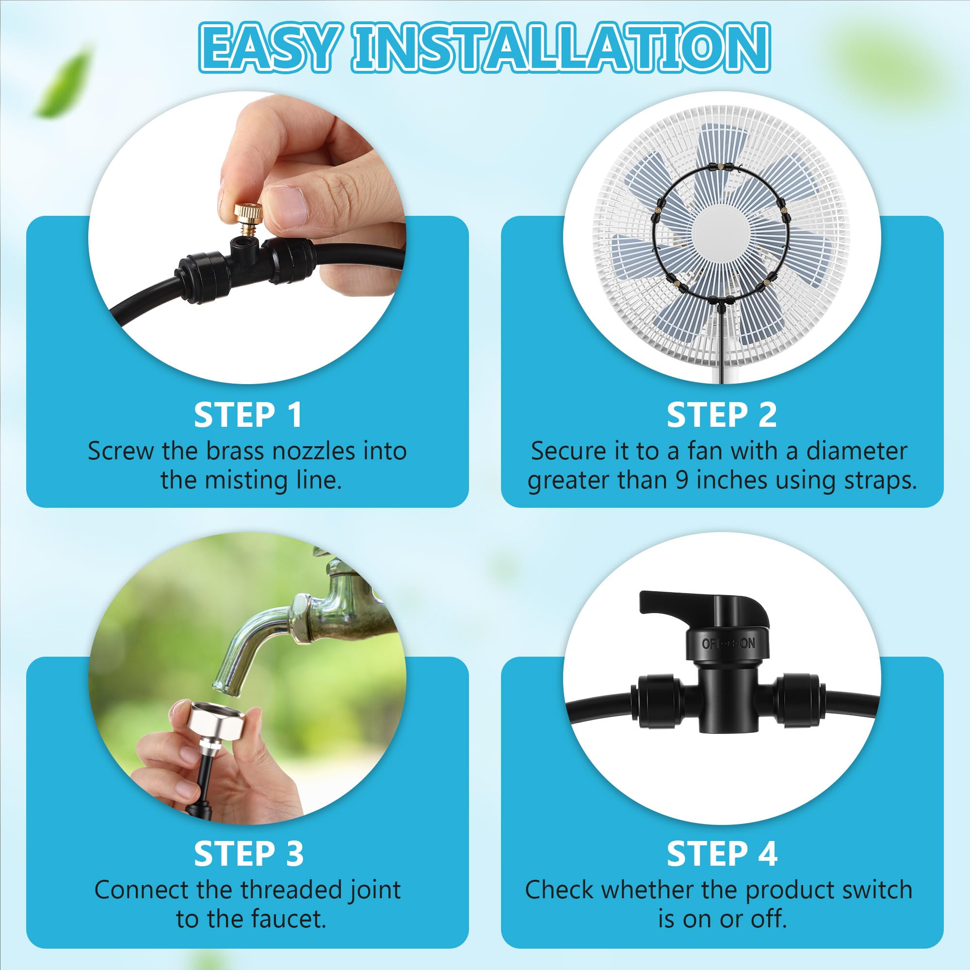 Enhon Kit de ventilador de nebulización para exteriores con filtros, línea de nebulización de 32.8 pies, 5 boquillas de latón, ventilador de refrigeración con válvula de interruptor para patio, jardín