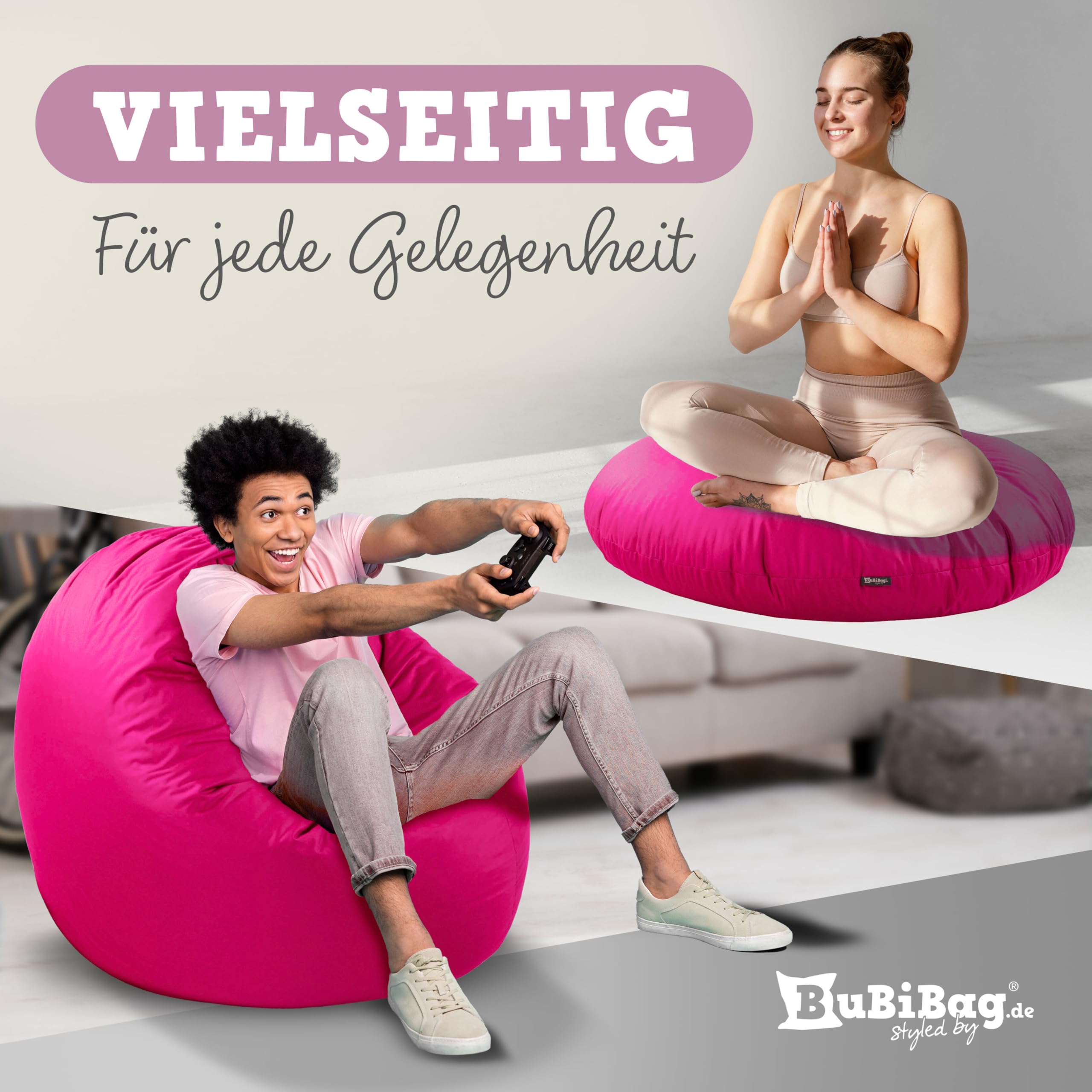 BuBiBag 2in1 Sitzsack für Kinder & Erwachsene - Farbe: Beere Ø 70cm - Indoor & Outdoor - Bodenkissen & Sessel - mit EPS-Perlen - ergonomisch & wasserabweisend