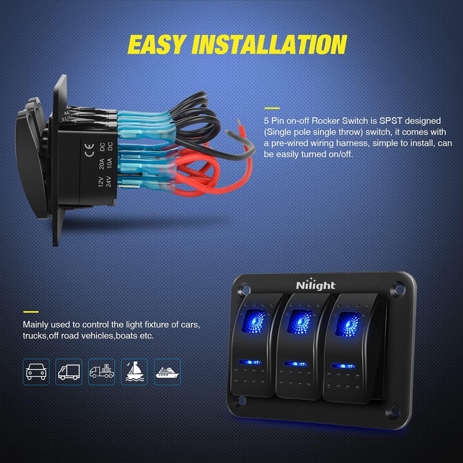 Nilight 3 Gang Aluminum Panel Toggle Dash 5 Pin On/Off Pre-Wired Rocker Switch Holder with 16 AWG LED Light Bar Wiring Harness Kit - 2 Leads 12V for Automotive Car Marine Boat, 2 Years Warranty