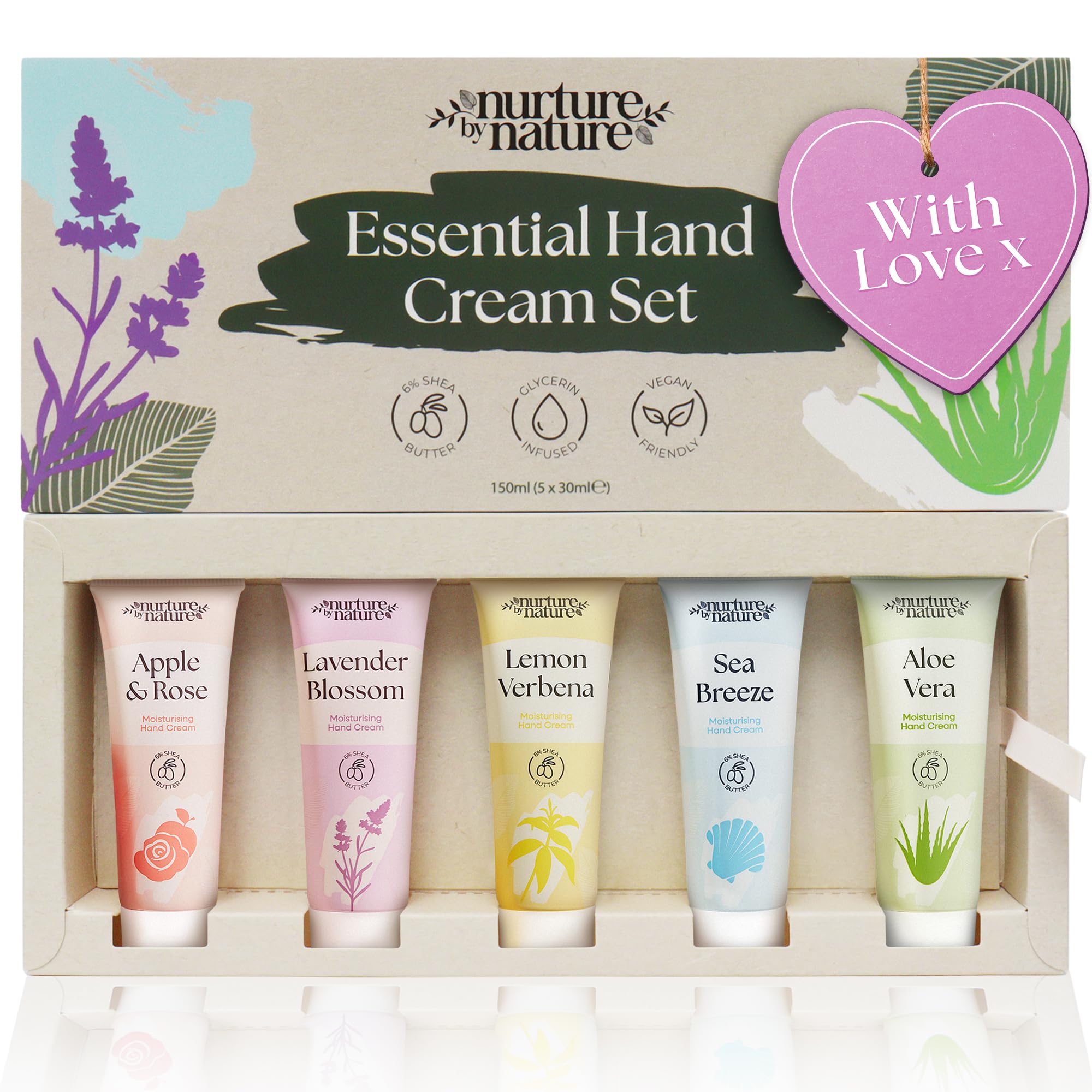 Nurture by Nature Hand Cream Gift Set 5x30ml – With Shea Butter & Glycerin for Dry Hands – 5 Fragrances – Travel Size Hand Moisturiser – Vegan – Valentines Day Gift for Her, Mothers Day Gifts