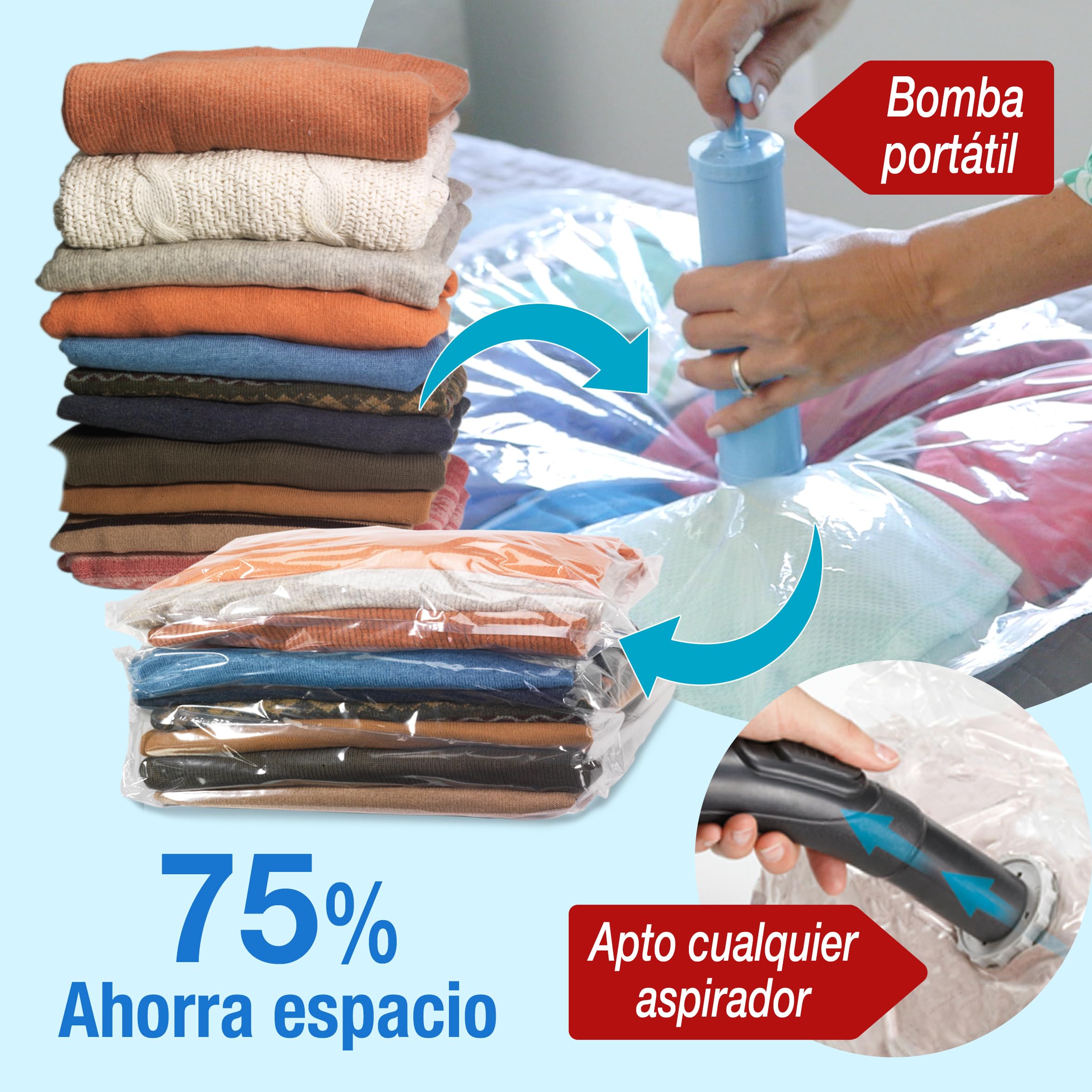 Set 8 Bolsas de Vacío Ropa GUARDAPLUS: Edredones Abrigos Viaje... Ahorra espacio. Desinflado rápido. Incluye: 1 XXL, 1 XL, 1 M, 2 S, 1 Trajes + 2 Bolsas viaje + Bolsa Zapatero + Bomba Extractora