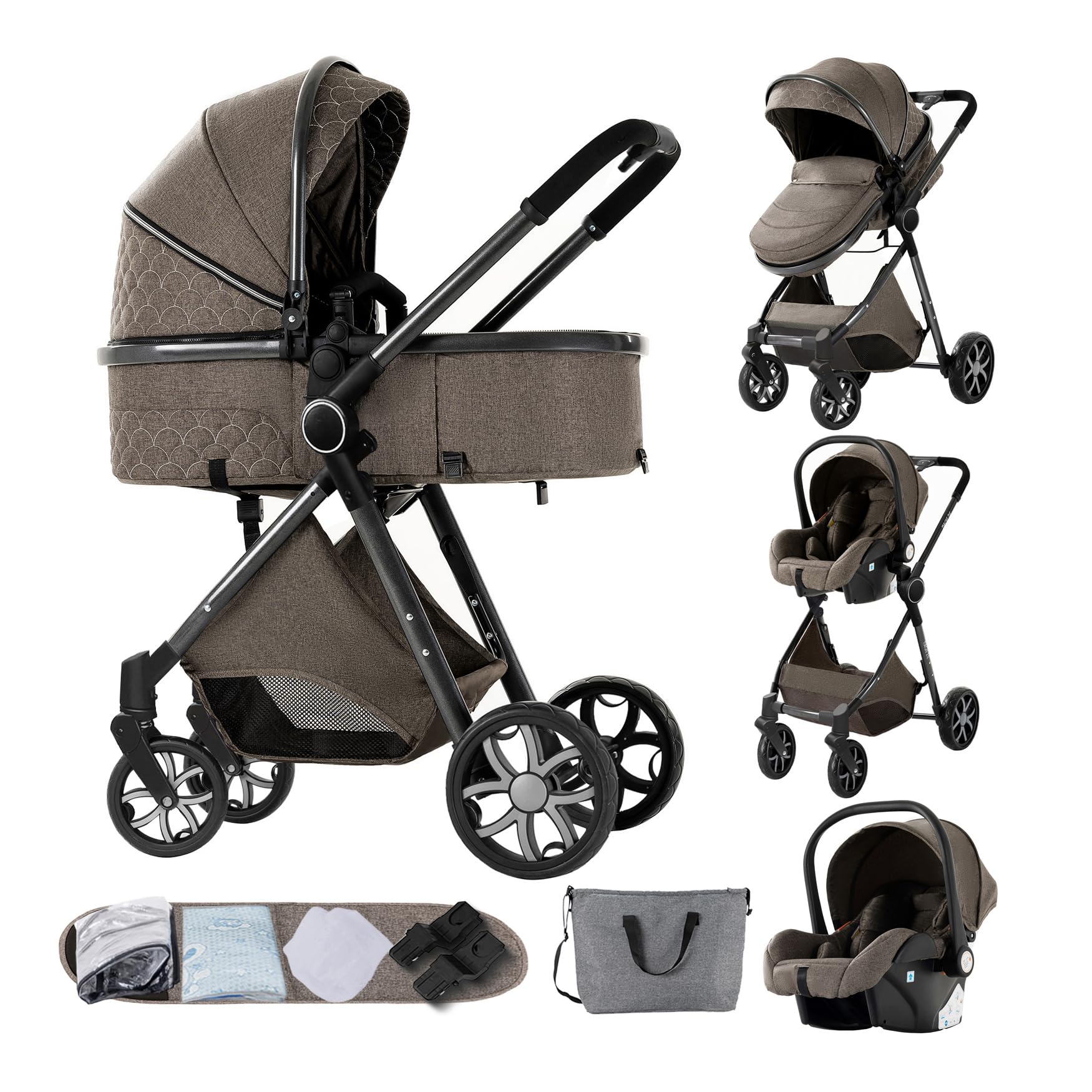 Magic ZC PU Leather 3 in 1 Pushchair Pram Travel System, Baby Stroller 3 in 1 with Reversible Two Pushing Modes, Newborn Infant Carriage One-Click Folding, Toddler Buggy Aluminum Frame (Black 518) — view 9