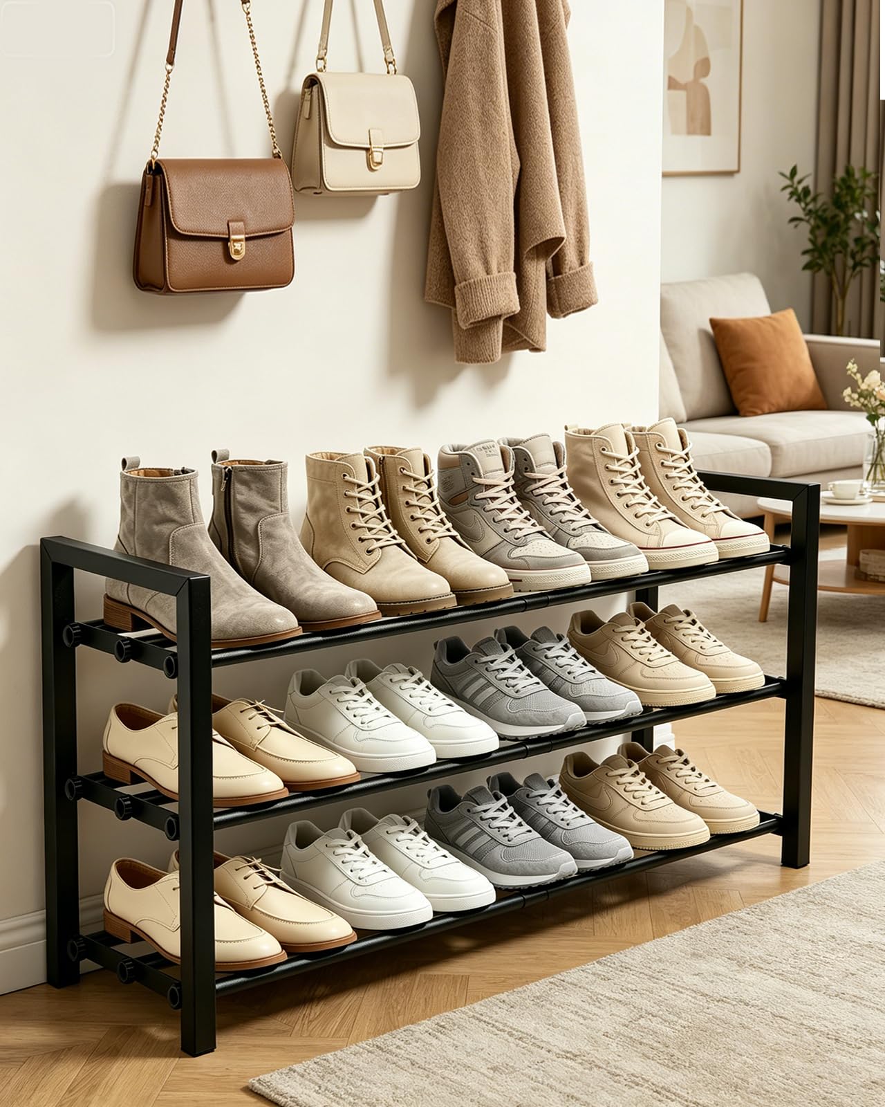 Scarpiera a 3 Ripiani, Scarpiera Salvaspazio Espandibile Portascarpe Aperta in Metallo per 6-12 Paia di Scarpe per Ingresso, Soggiorno, Corridoio, Camera da Letto, Armadio, Esterno (Nero,Piazza)
