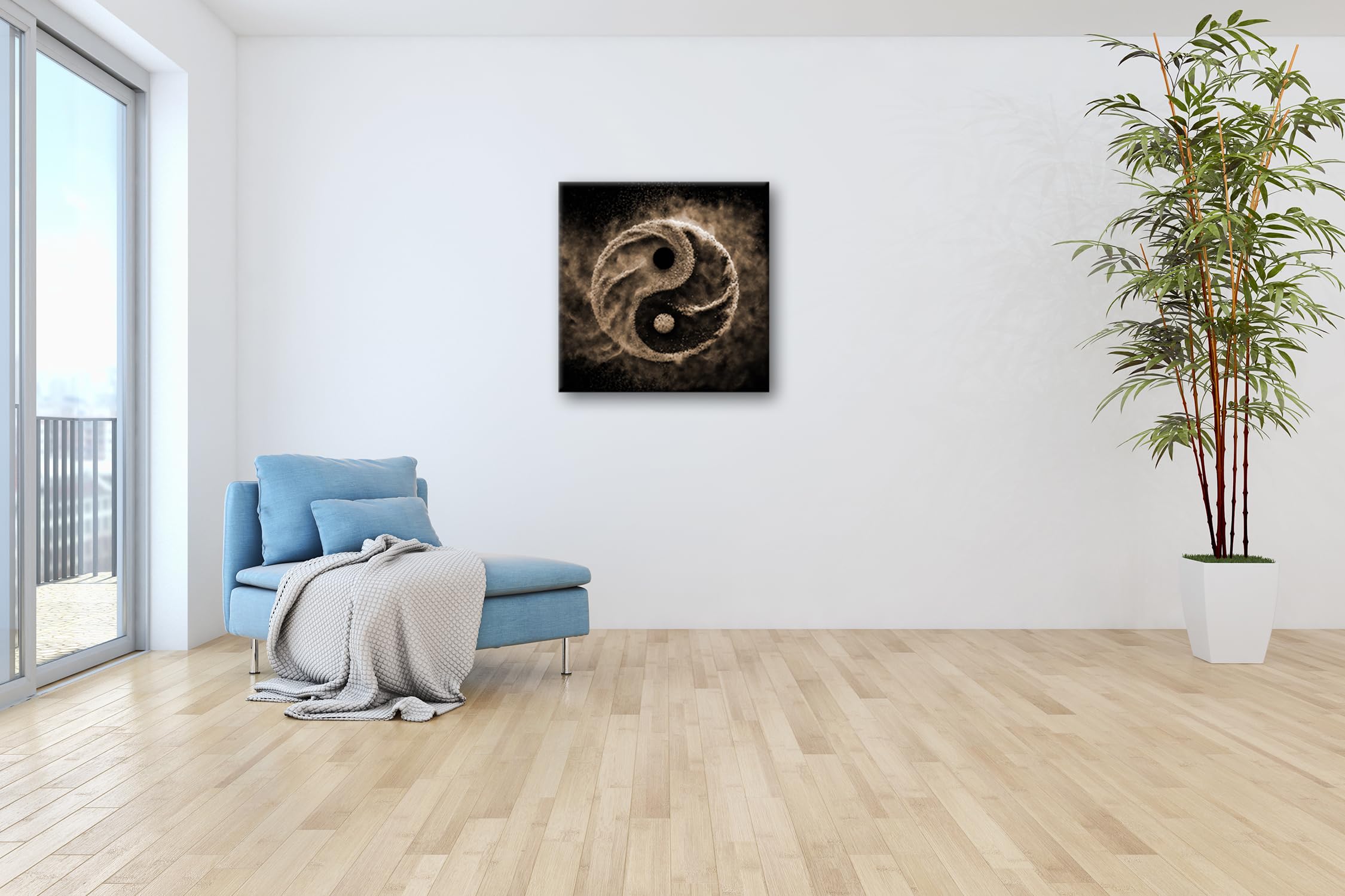 deyoli Leinwandbild Yin und Yang aus Pulver, tanzend im luftleeren Raum Format: 70x70cm Effekt:Sepia XXL Kunstdruck Bild auf Keilrahmen/Wandbild/Wohnzimmer Dekoration