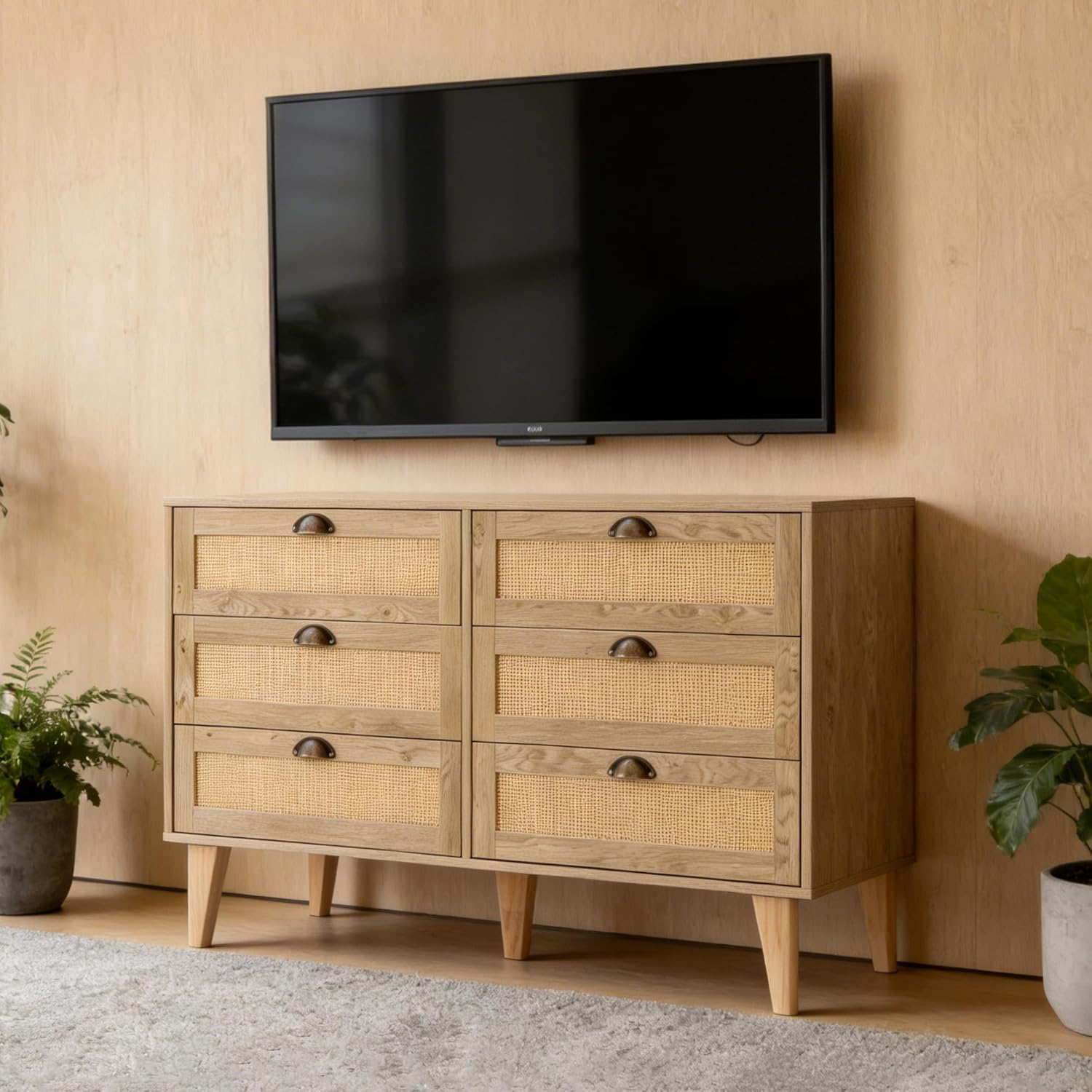 GREEN PARTY 6 Drawer Rattan Dresser, 47" Boho Natural Wood Chest of Drawers with Cup Pull Handles, Modern Farmhouse Storage Organizer & TV Stand for Bedroom, Living Room, Closet