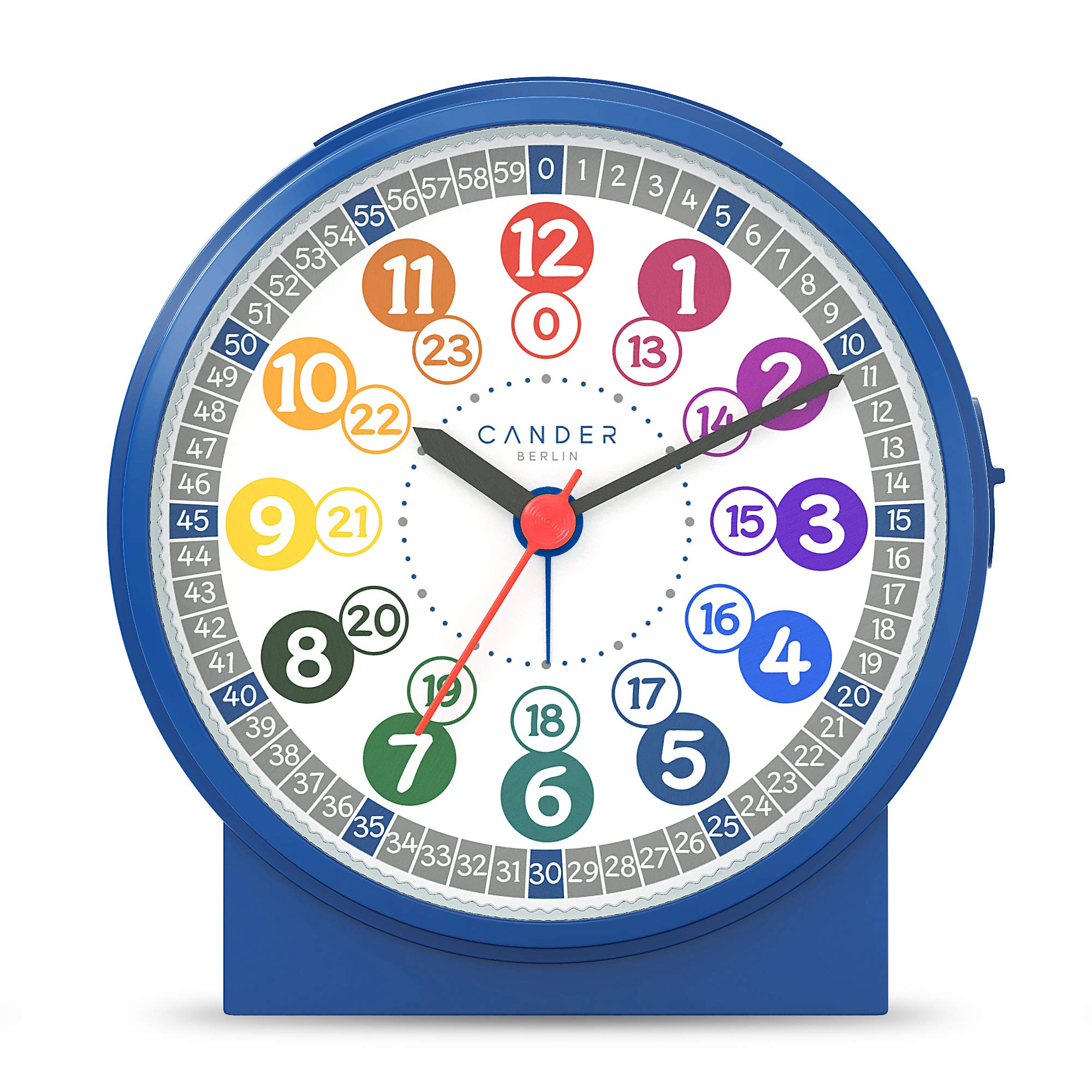 Cander Berlin MNU 1030 J Kinderwanduhr und MNU 1009 J Kinderwecker lautlos blau Lernuhr Wecker Kinder Licht Snooze geräuschlos leise ohne Tickgeräusche analog Wanduhr Kinderzimmer Jungen Mädchen