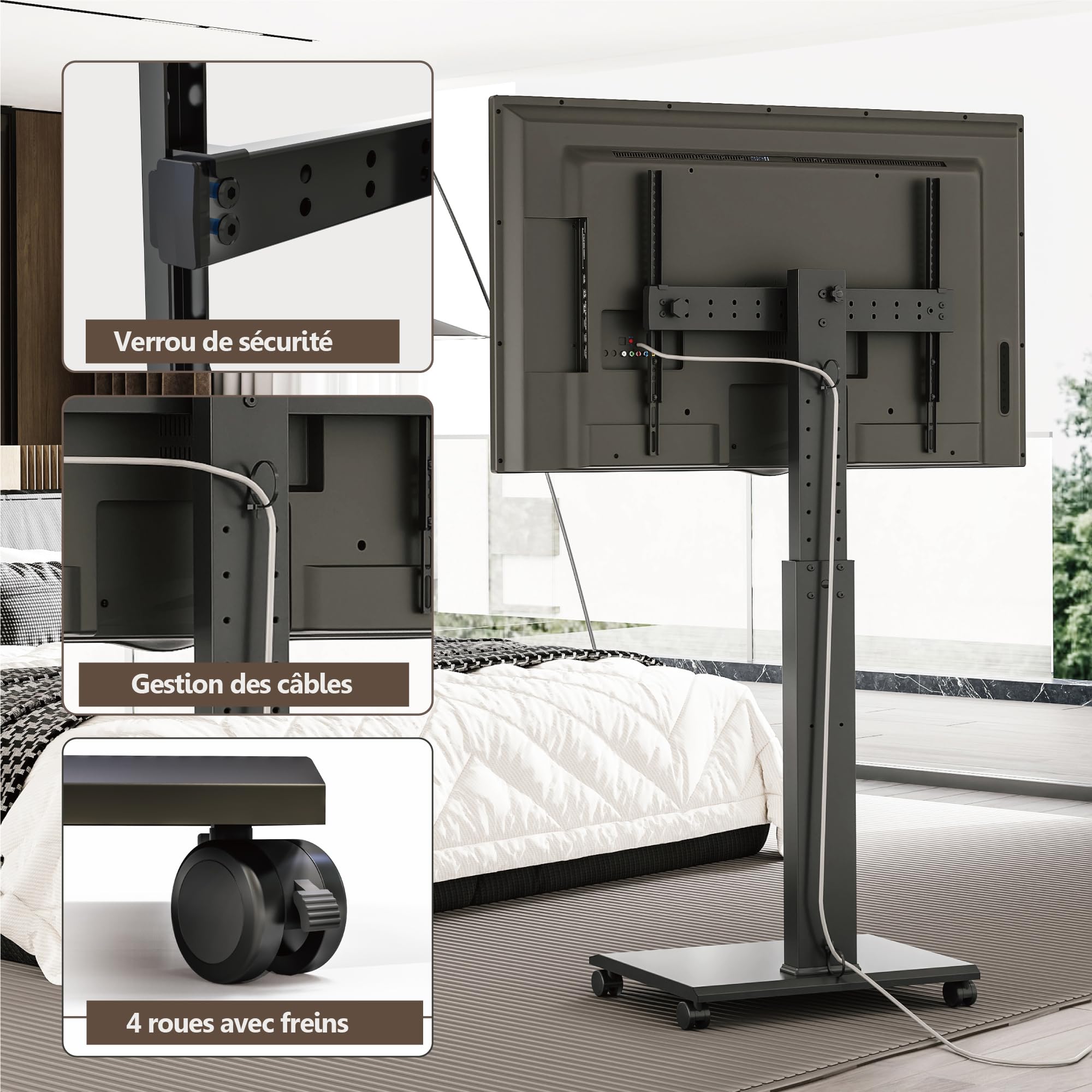 FITUEYES Support TV roulettes en Fer 32-75 Pouces Rotation 90°-Support TV Pied Pivotant 40° et 7 Réglages en Hauteur jusqu'à 40 kg-Max VESA 600x400 mm