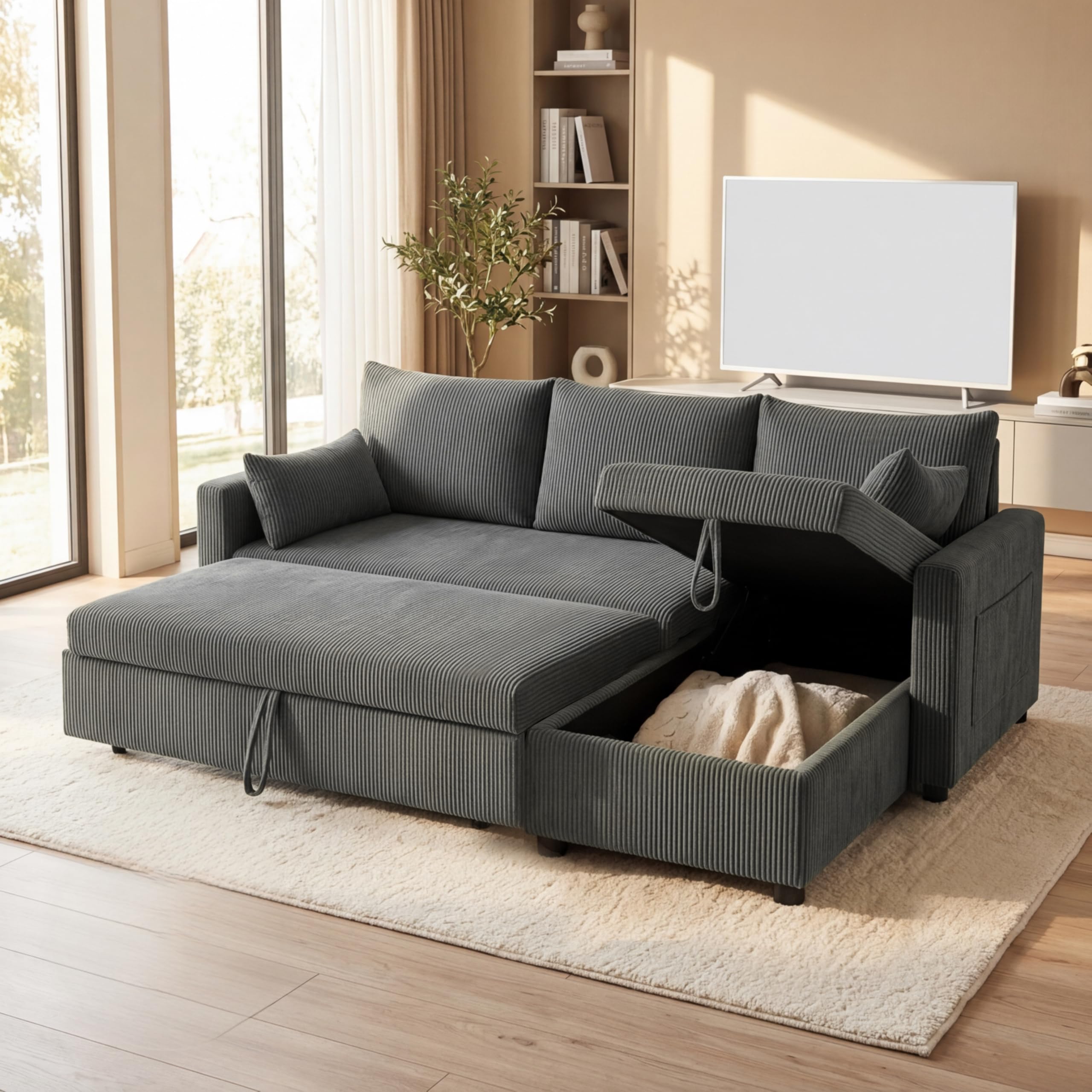 Photo 1 of ***PARTIAL SET***Eafurn 85" L Shaped Sectional Sofa Couch Convertible Pull Out Sleeper Bed for Living Room, Deep Seat Corner Sofa Bed with Reversible Storage Chaise, Side Pockets and Throw Pillows