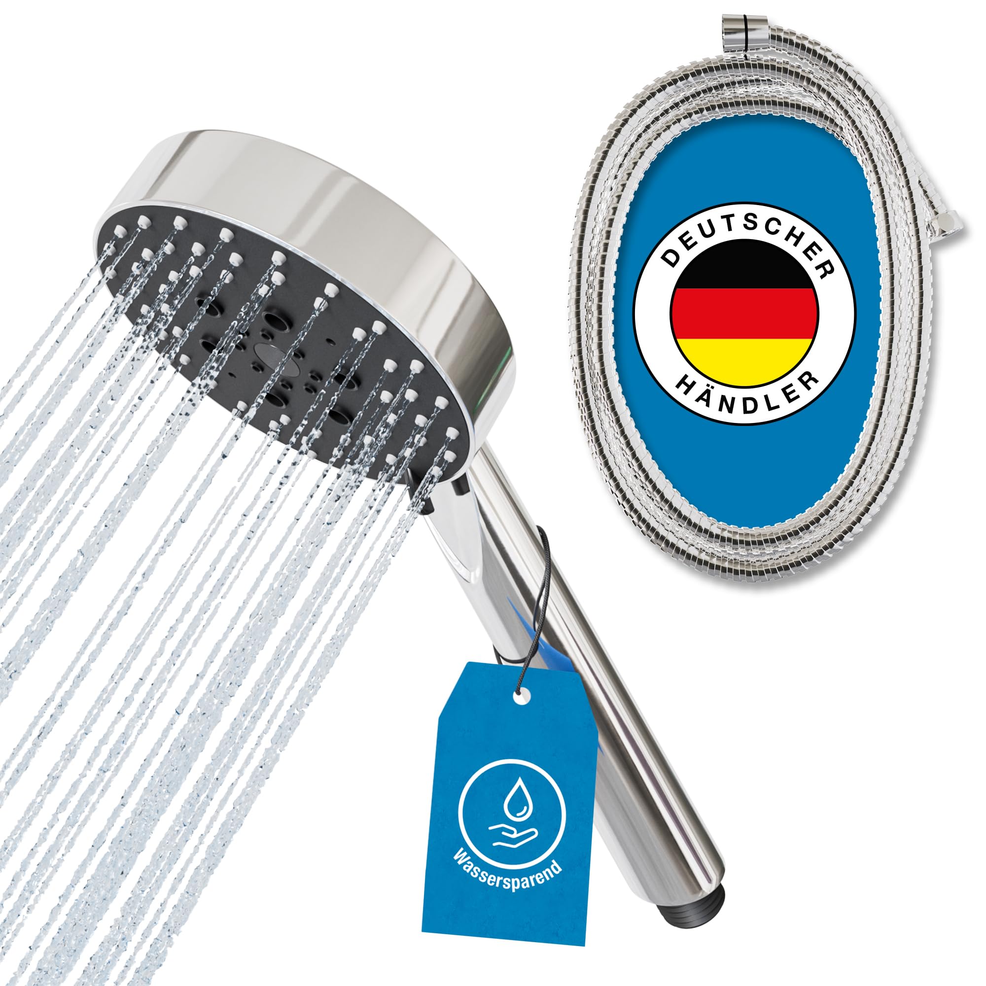 ATHLON TOOLS Duschkopf mit Schlauch - 5 Strahlarten Hochdruck Duschbrause - Ø 105 mm wassersparende Handbrause rund (Chrom, Duschkopf 105 mm [inkl. Schlauch]) - inkl. Sparduschkopf Einsatz