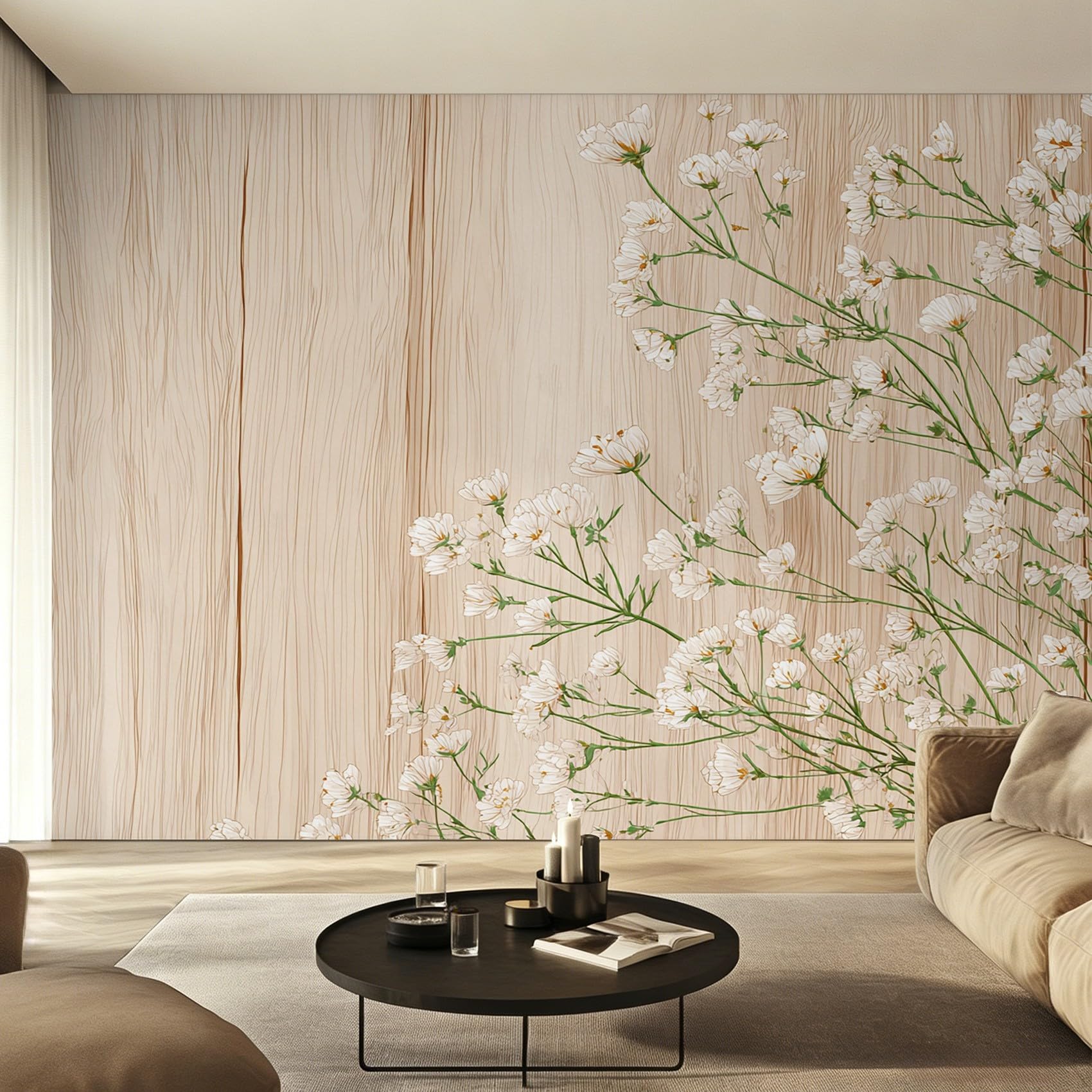 Générique Papier Peint Intissé Fleurs Sauvages, Papier Peint Panoramique Floral Ferme Grain de Bois 350x250 cm, Papiers Peints Beige Clair Vert Décoration Murale Salon Chambre w6g32